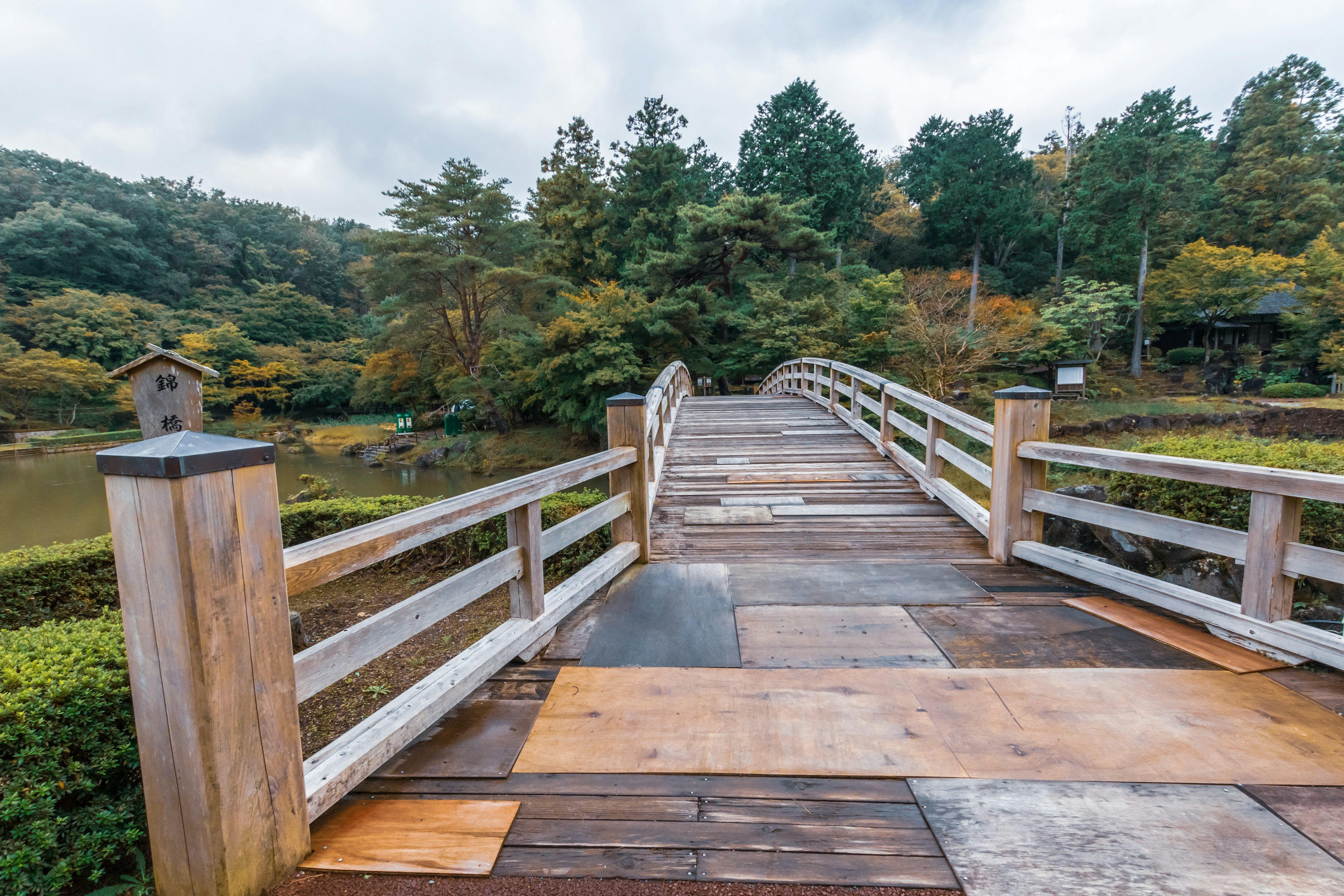 Wooden bridge crossing a scenic landscape with trees