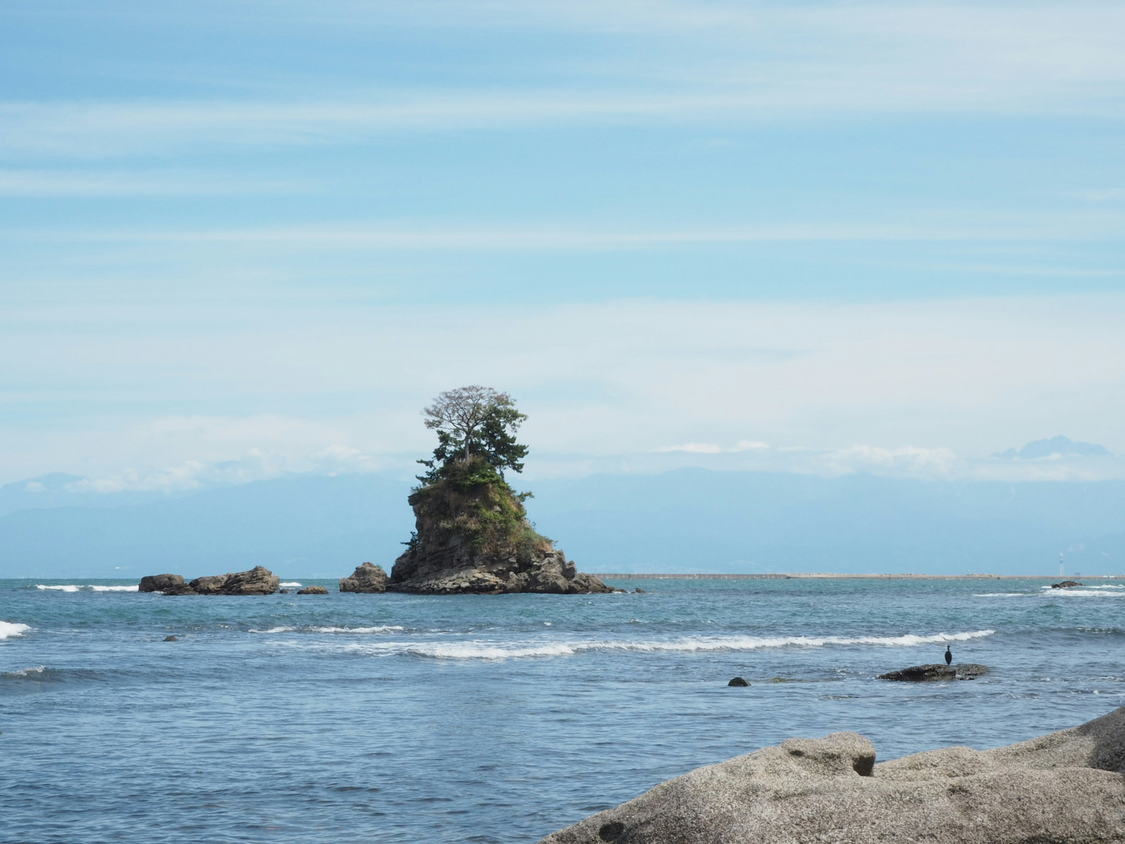 A solitary island with a single tree set against a blue ocean and sky