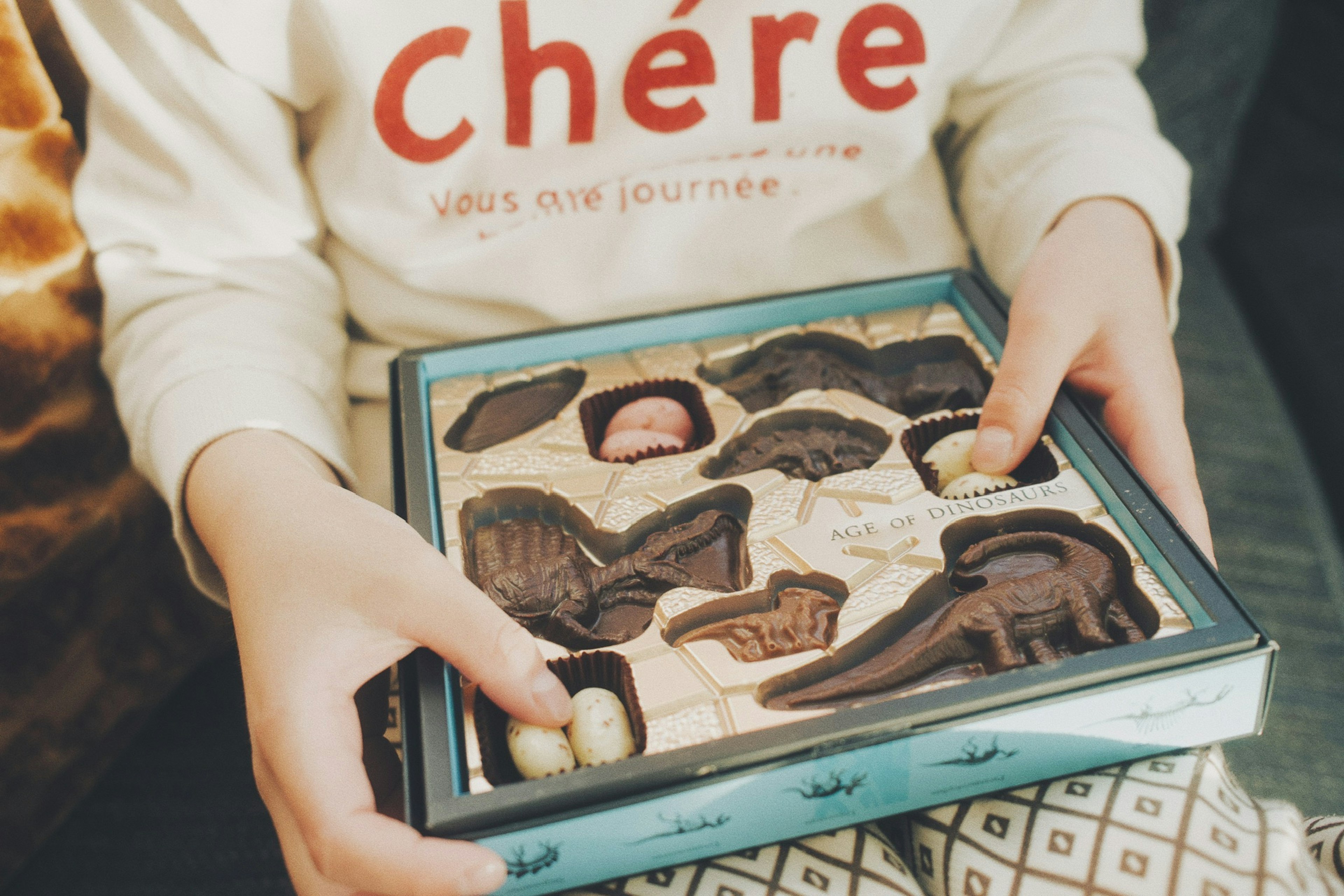 Child holding a box of chocolate shapes including dinosaurs and animals