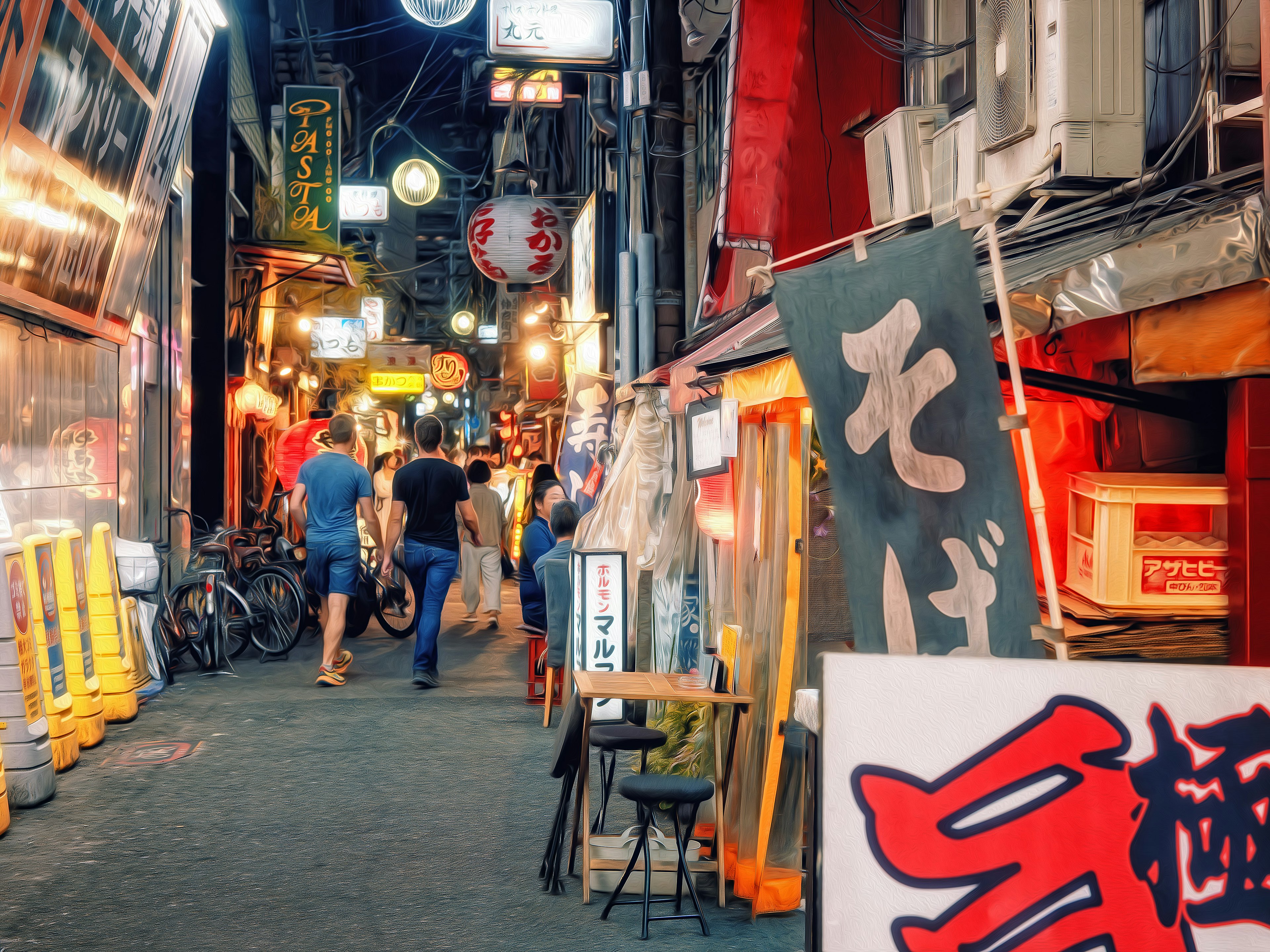 賑やかな夜の街並みと飲食店の看板が並ぶ路地