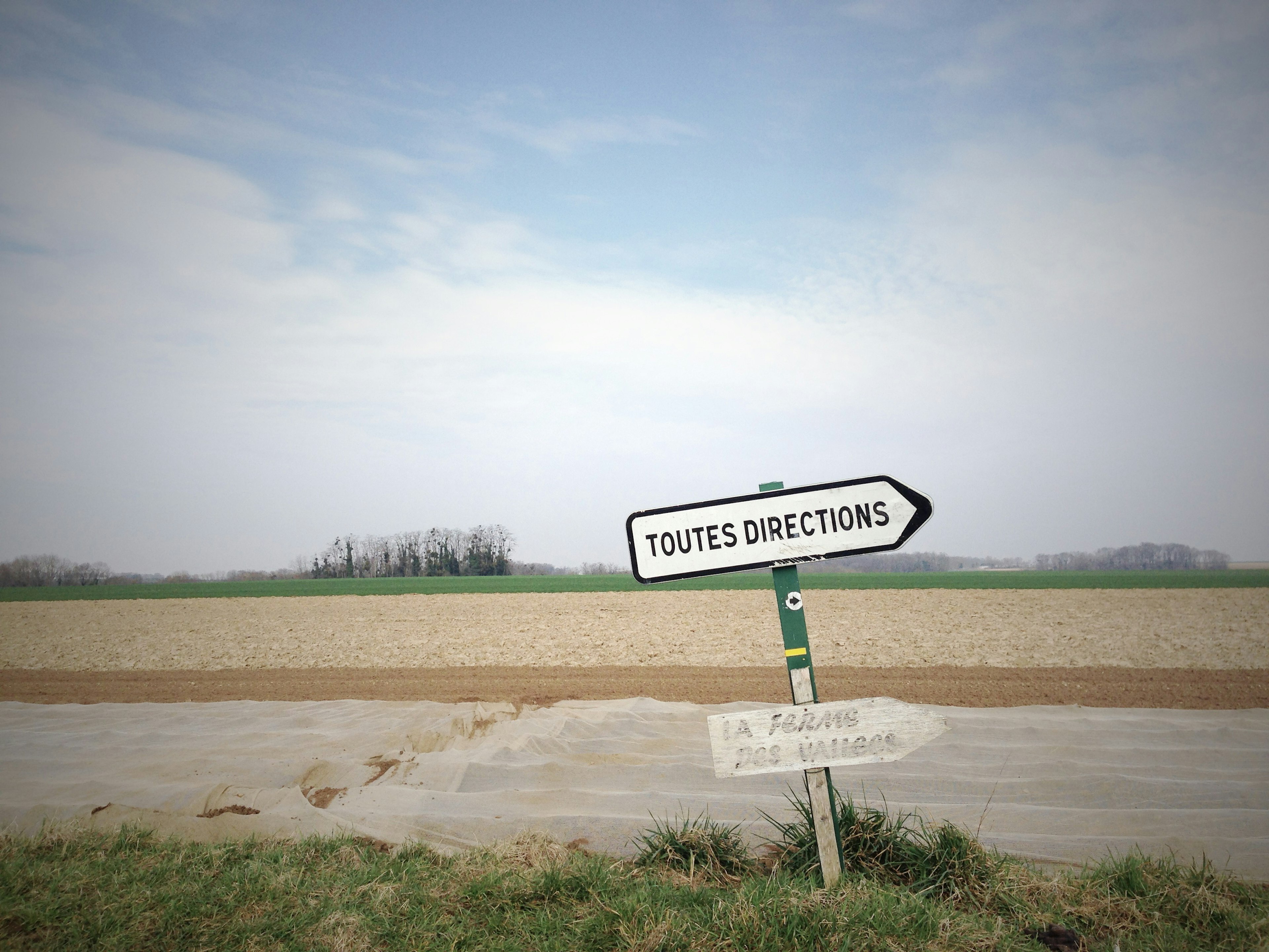 Directional sign in rural landscape with clear sky