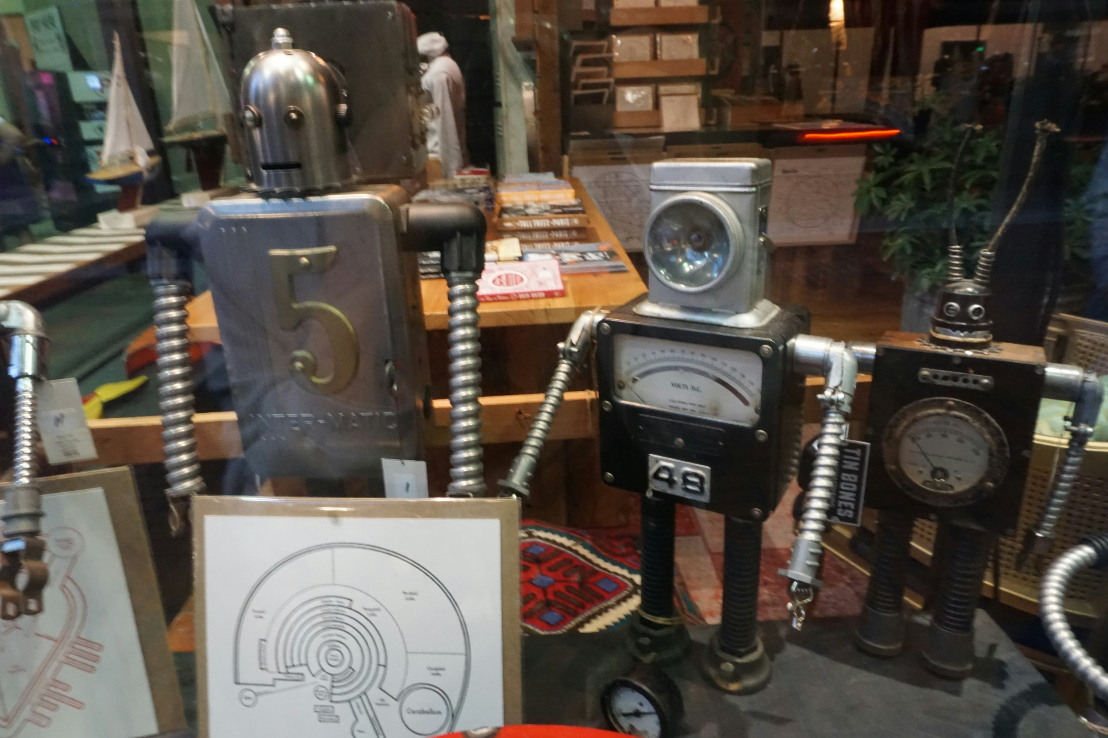 A display of vintage robots in a shop window