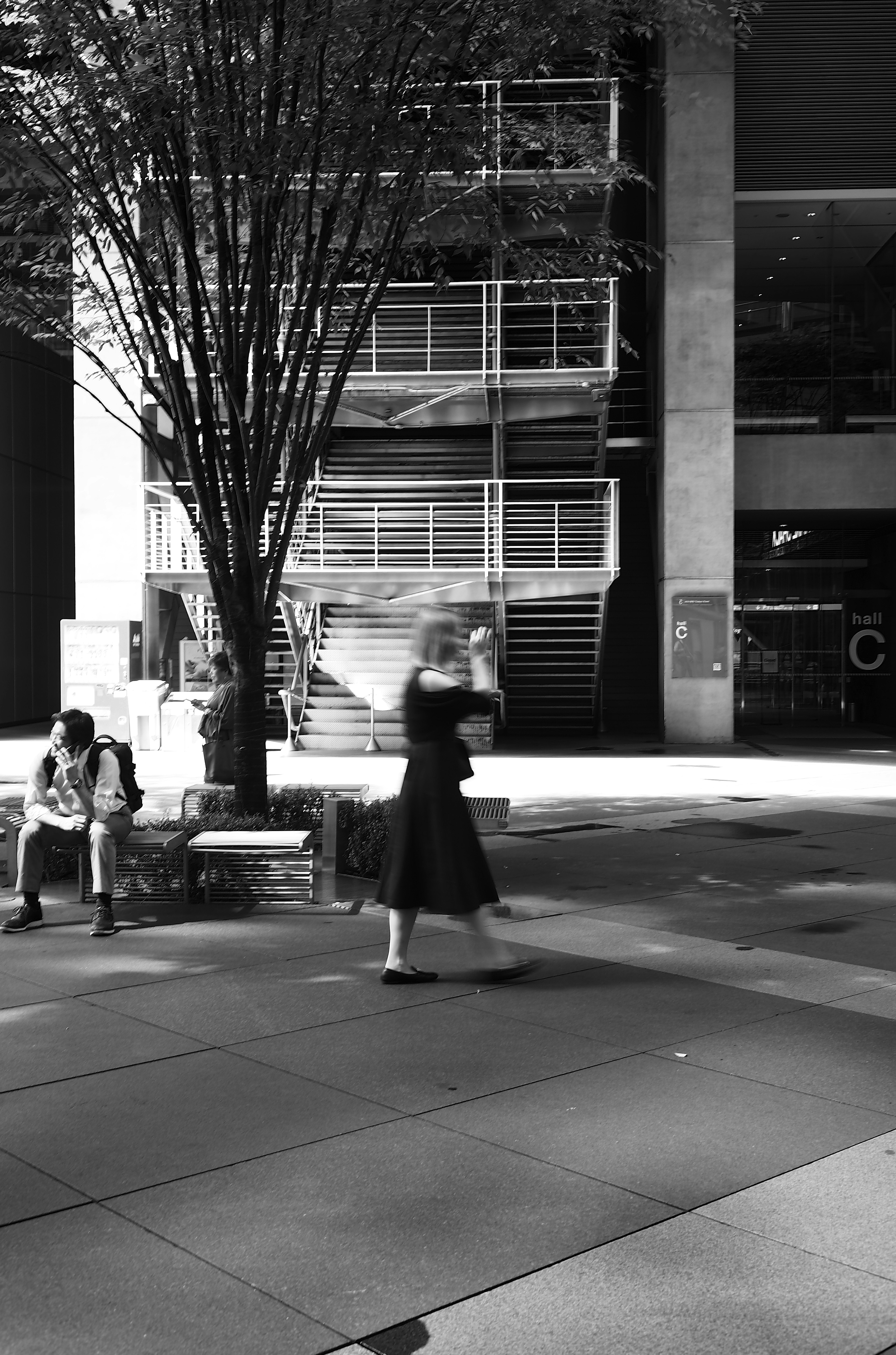 A woman walking in a black dress with a tree and seated people in a monochrome urban setting