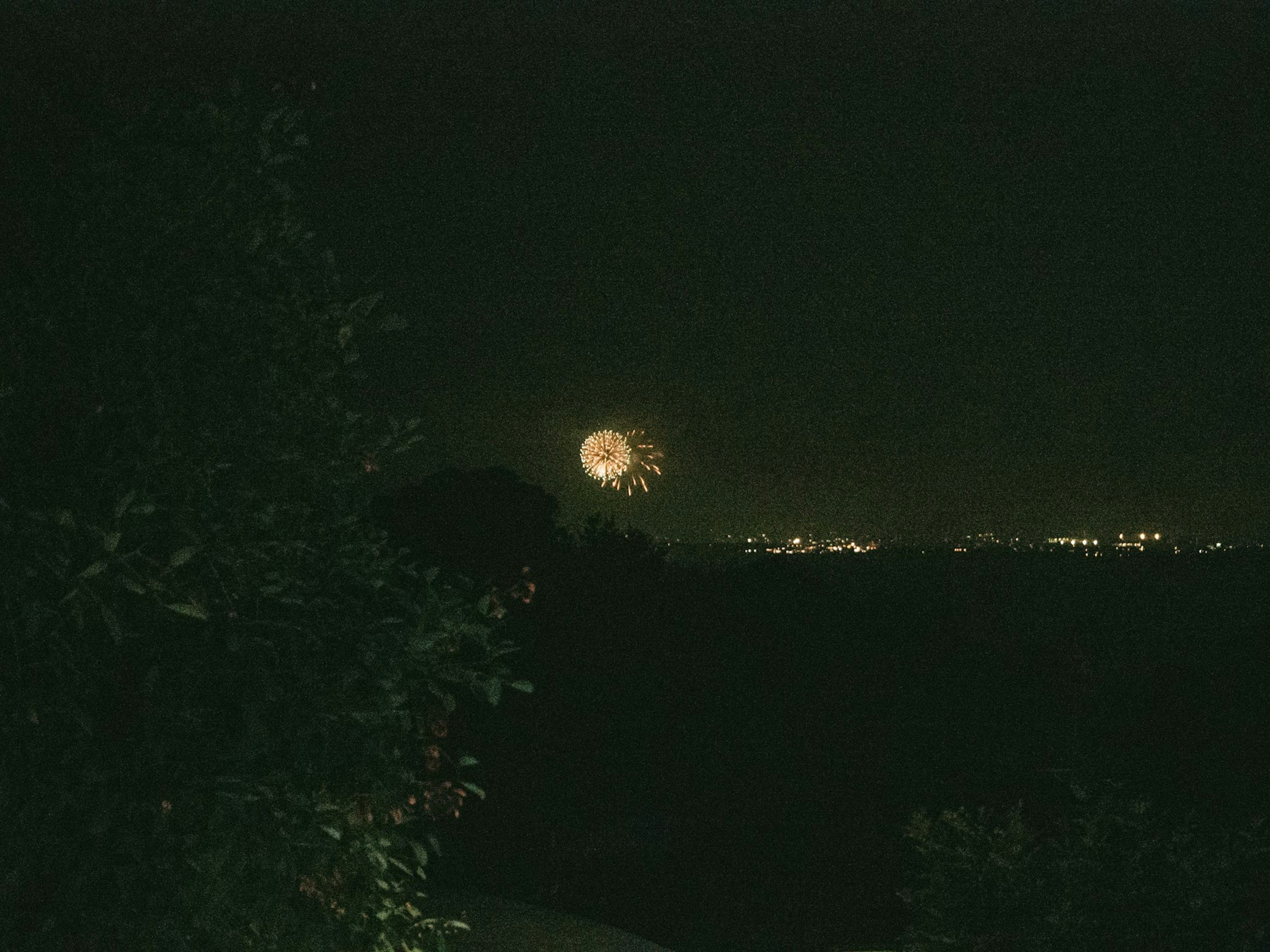 在黑暗夜空中升起的大月亮和遠處的煙火