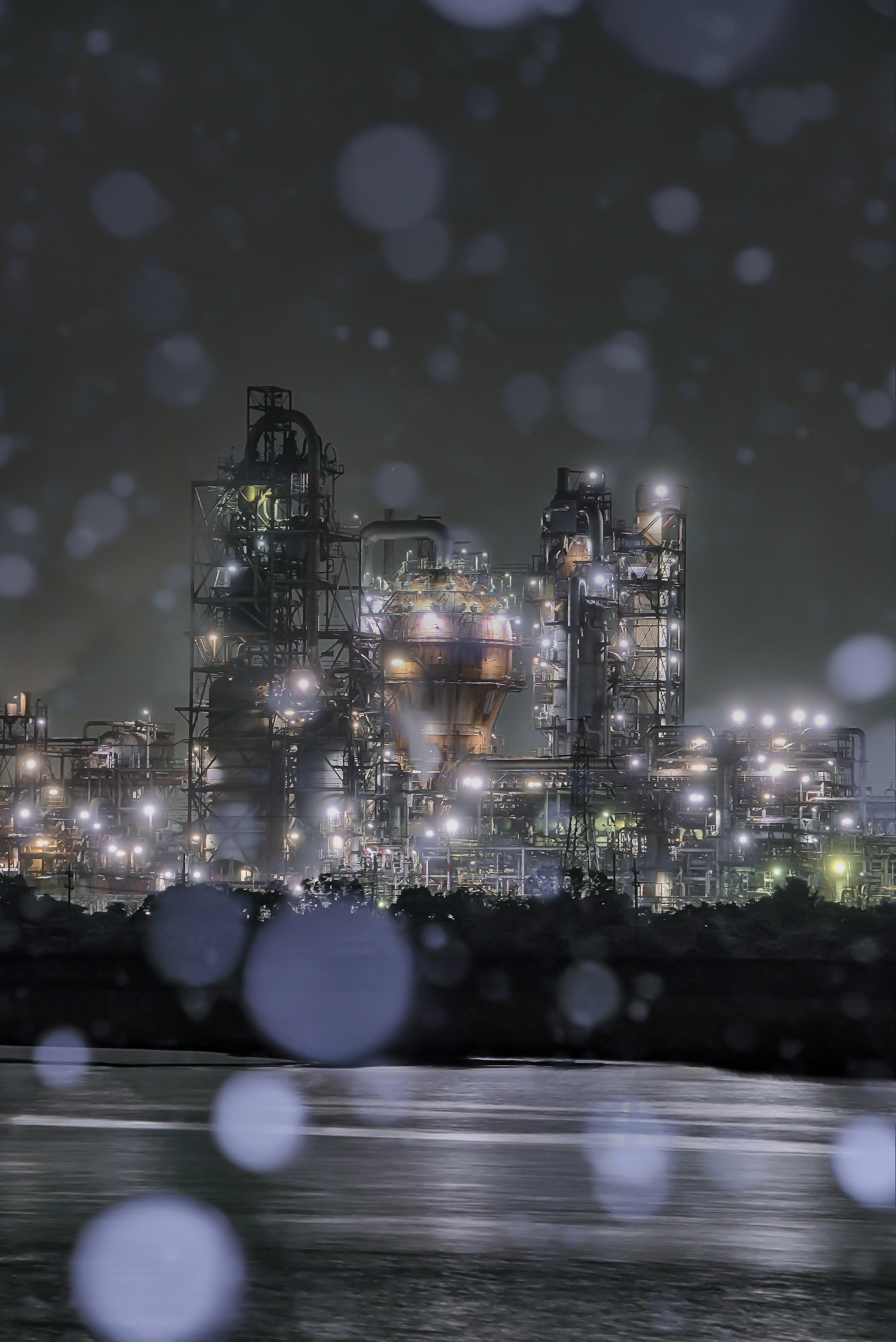 Industrial complex illuminated at night with reflections on water