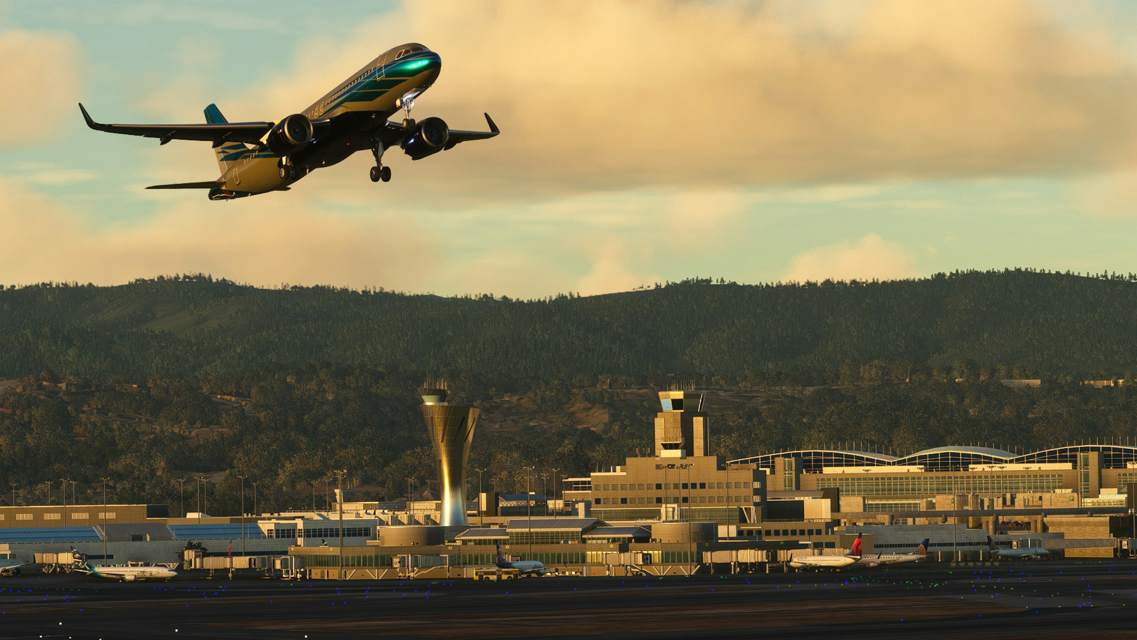 Ein Flugzeug hebt von einem Flughafen vor einem Sonnenuntergangshimmel ab