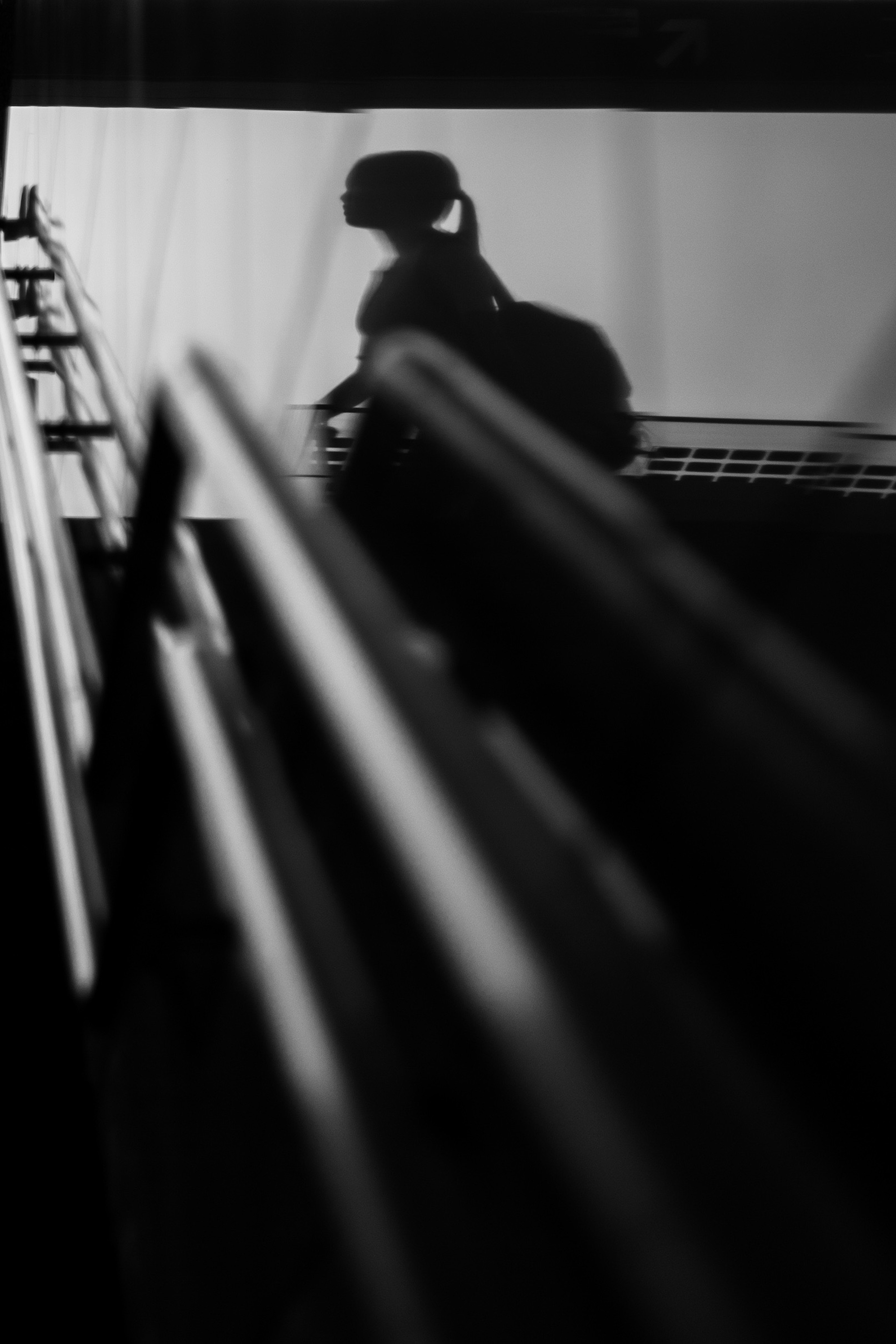 Black and white photo of a person's shadow ascending stairs