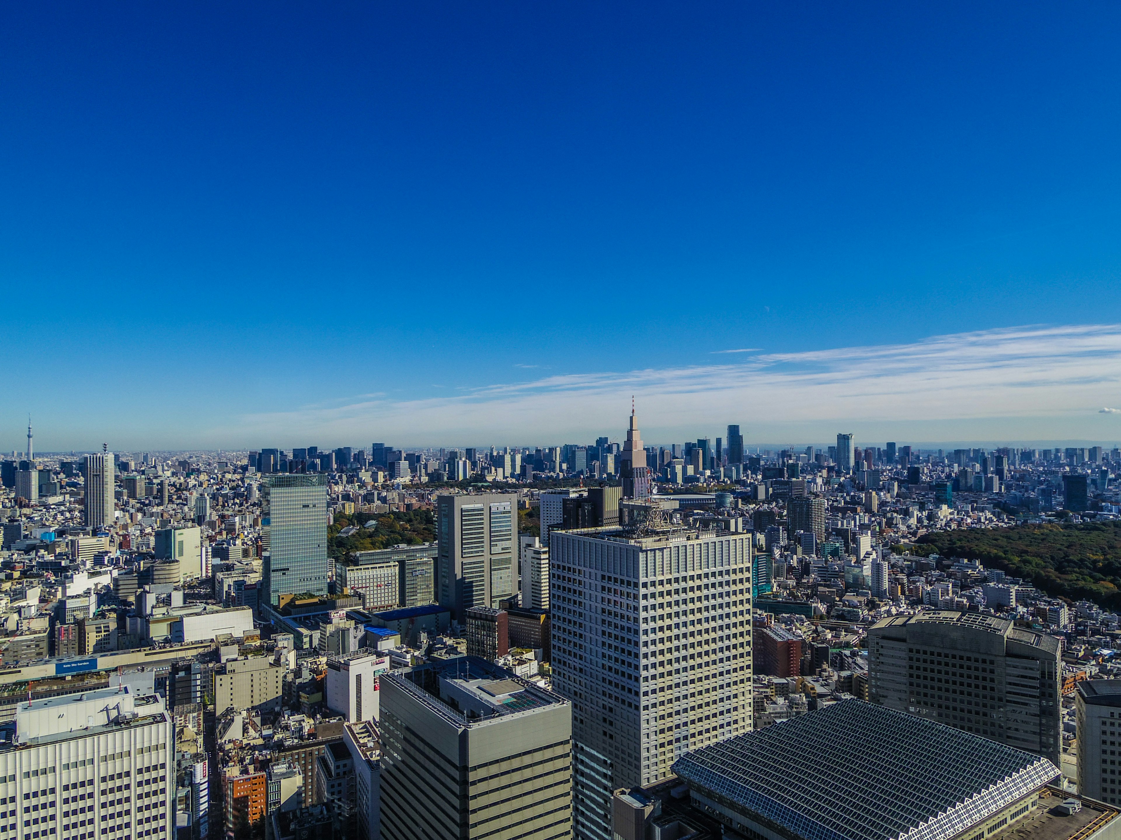 Quang cảnh toàn cảnh đường chân trời Tokyo với các tòa nhà chọc trời và bầu trời xanh