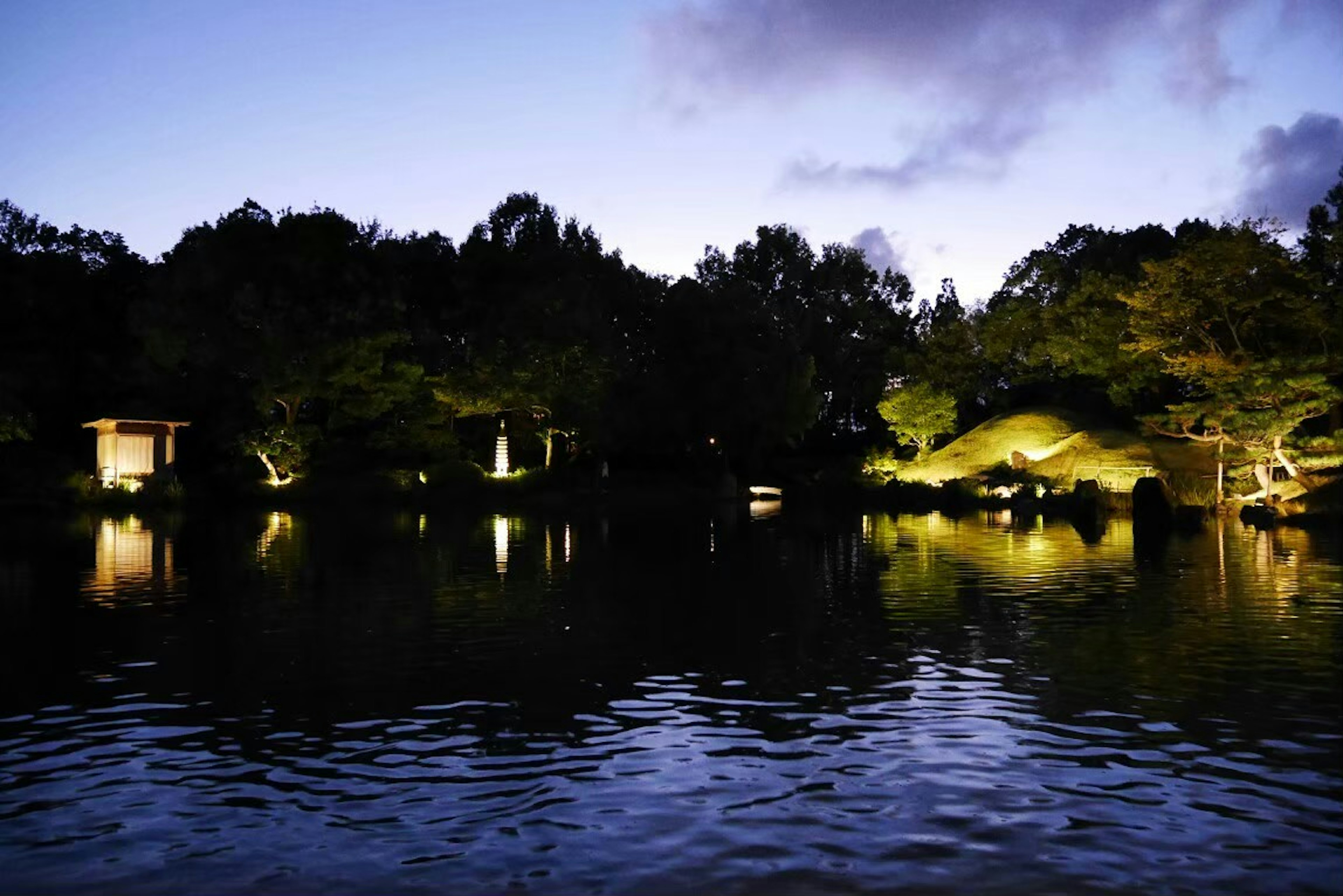 宁静的夜晚池塘景观，周围绿树成荫