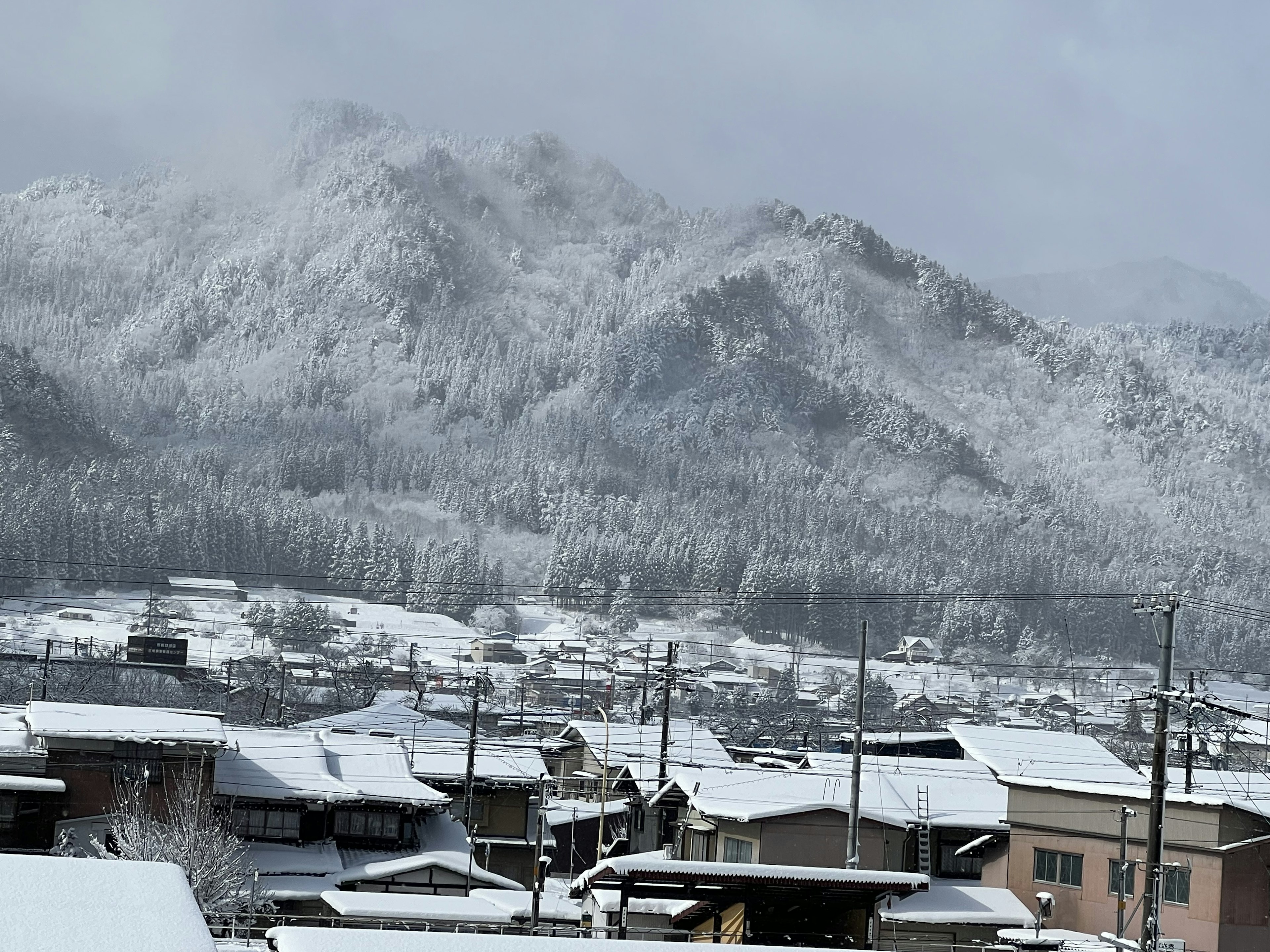 Ausblick auf eine ruhige Stadt mit schneebedeckten Bergen