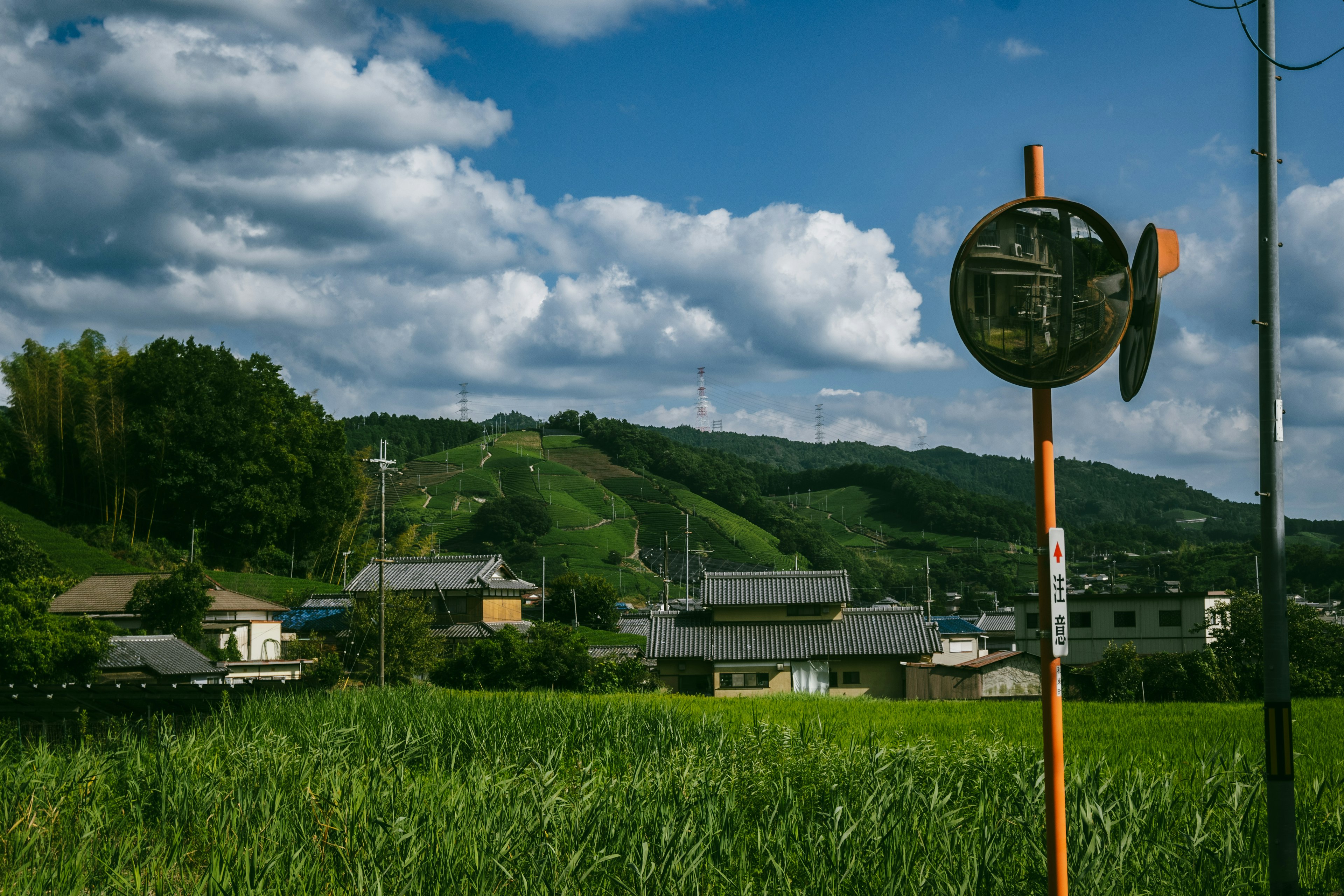 乡村景观，前景有房屋和交通标志