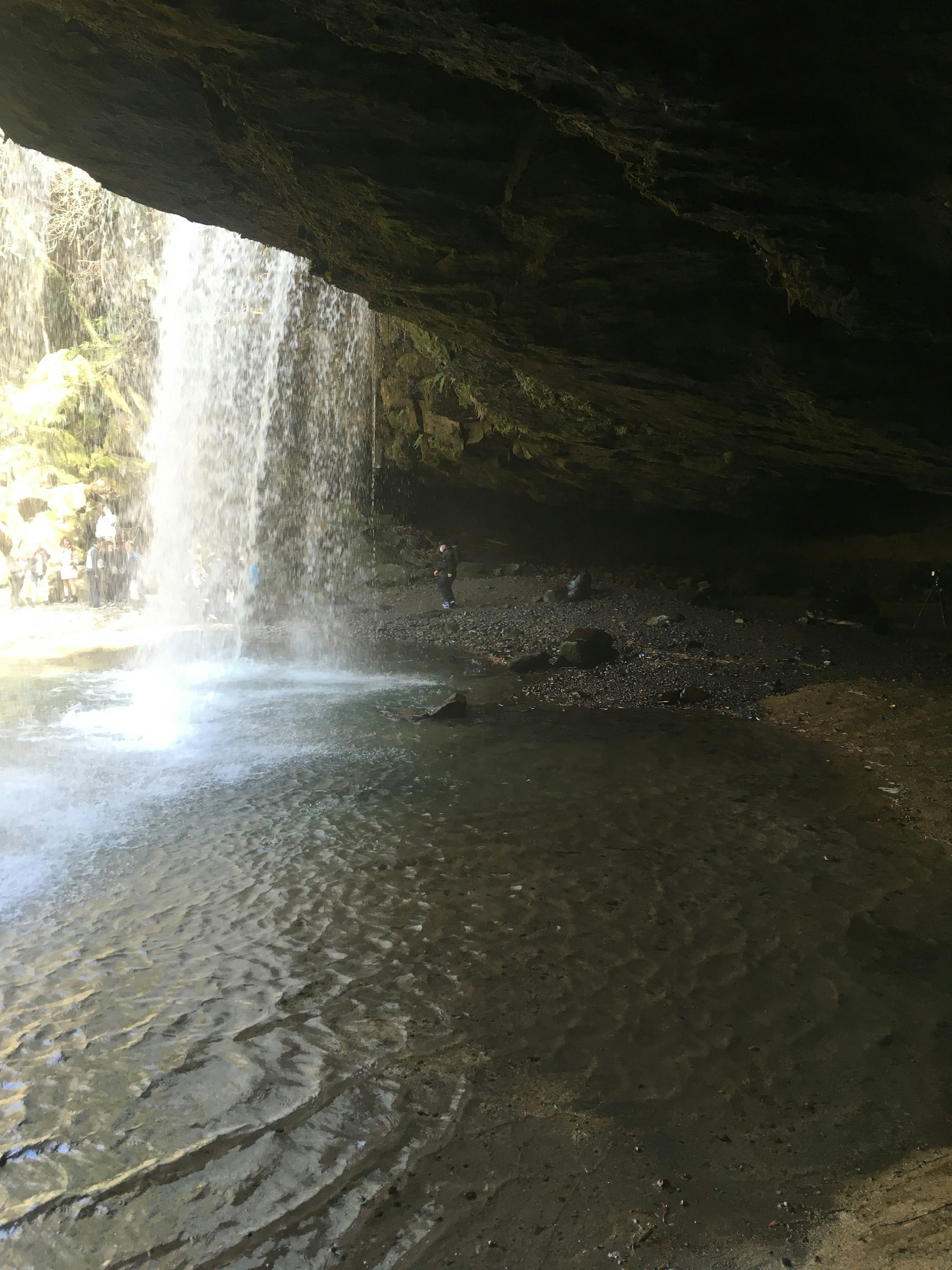 Pemandangan dari belakang air terjun Permukaan air reflektif Pemandangan alam dengan tanaman dan batu