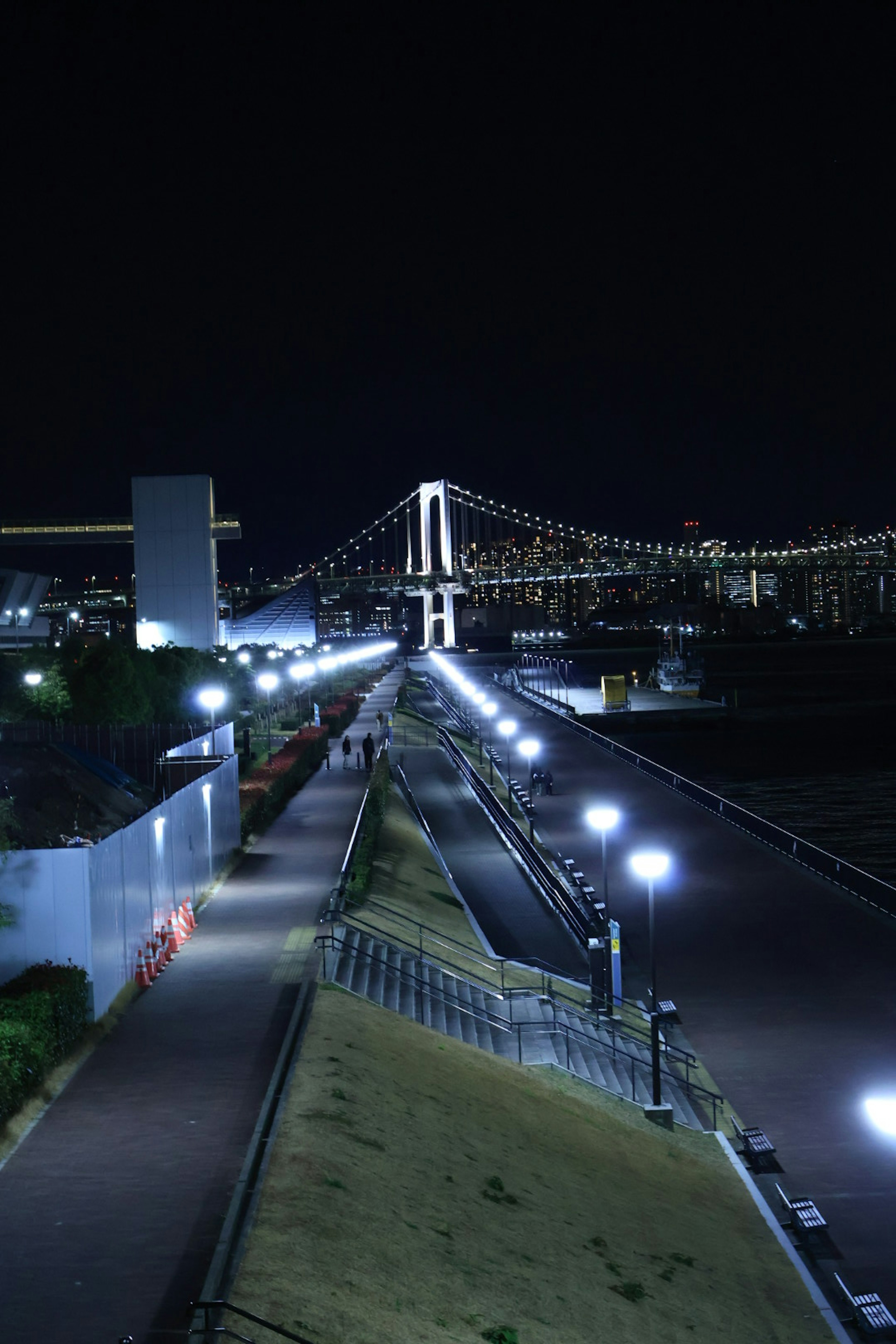 夜のレインボーブリッジと照明のある遊歩道の風景