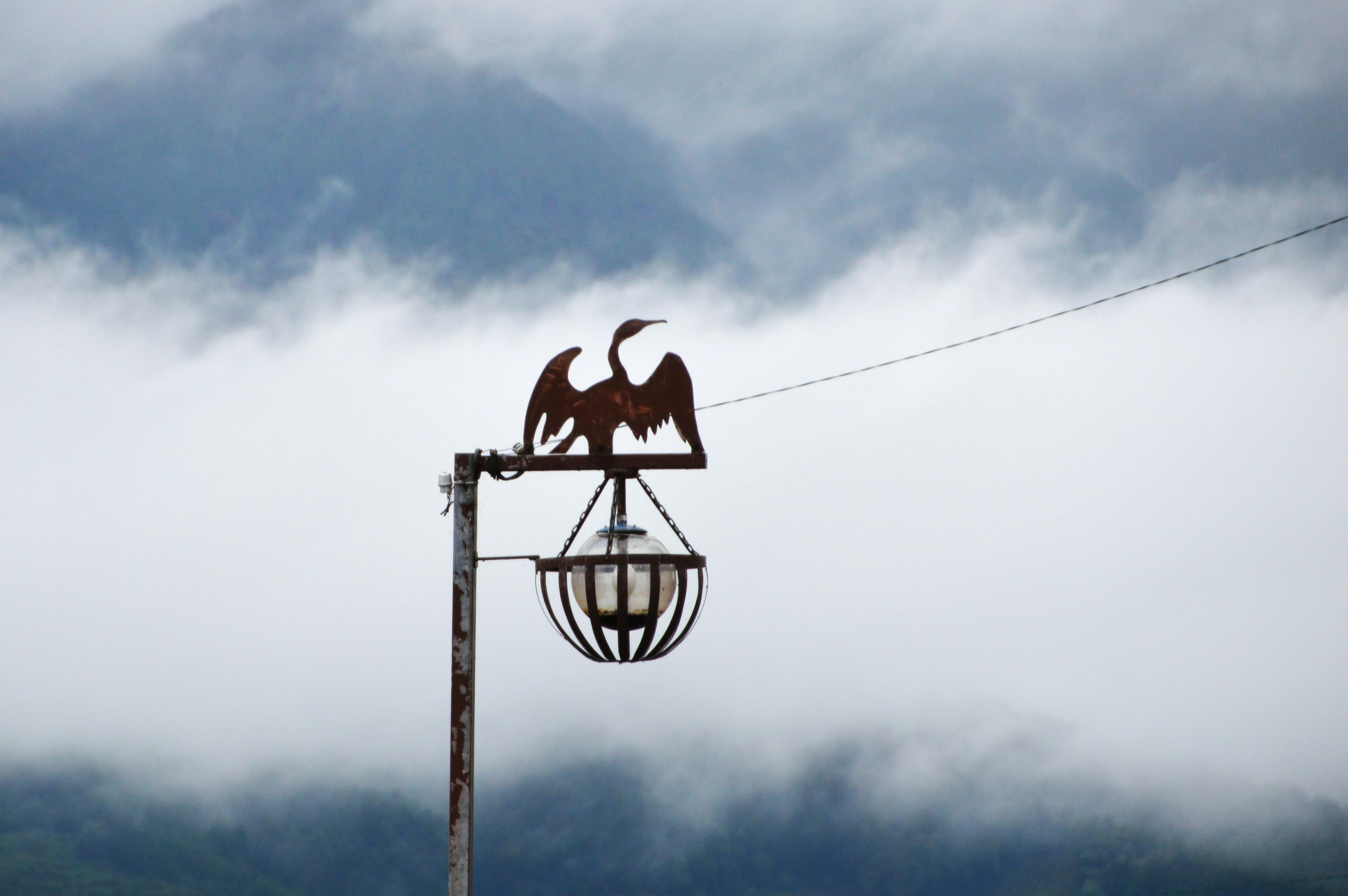 Iron lamp post with an eagle sculpture against a cloudy sky