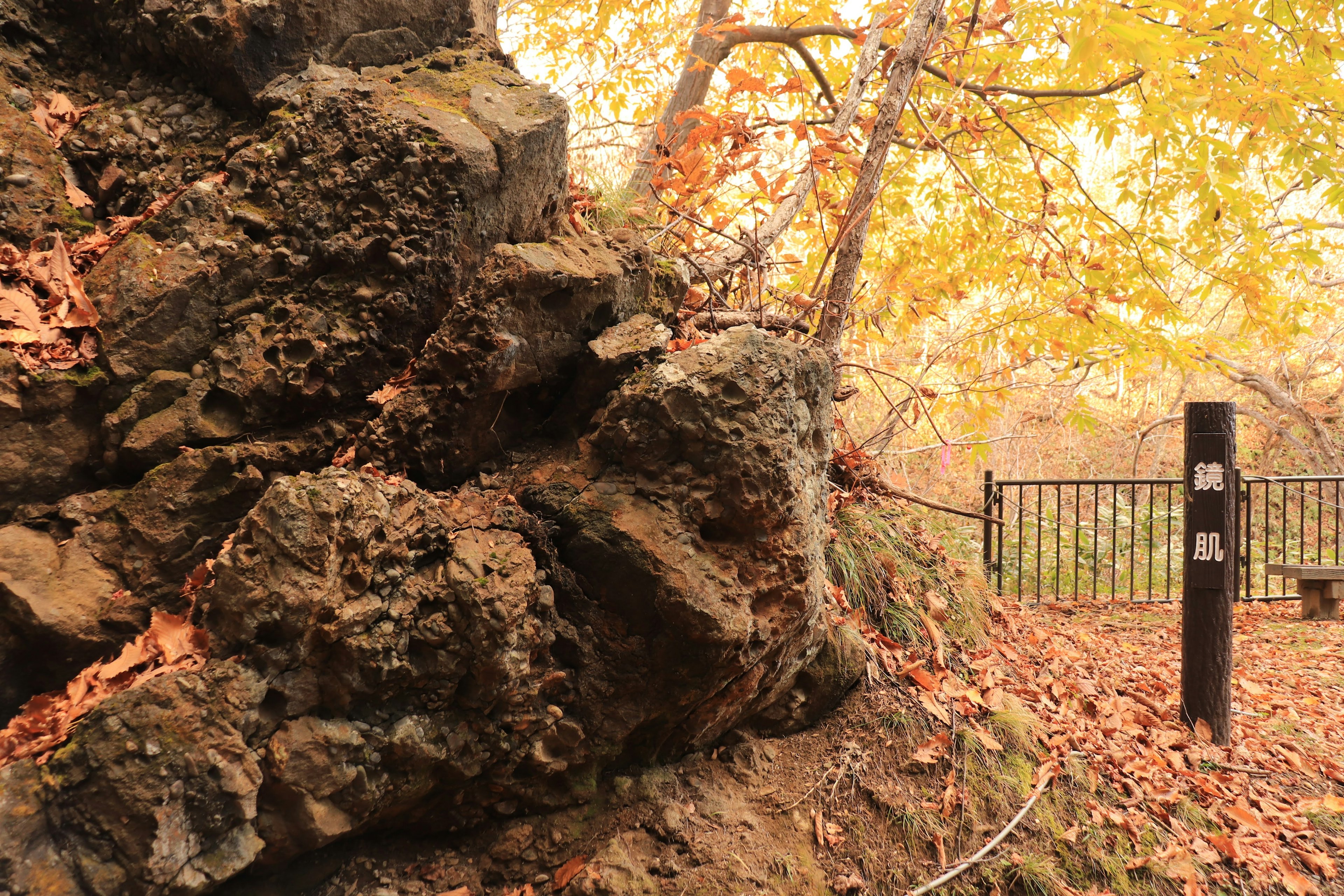 Rock formation surrounded by autumn foliage and a fence