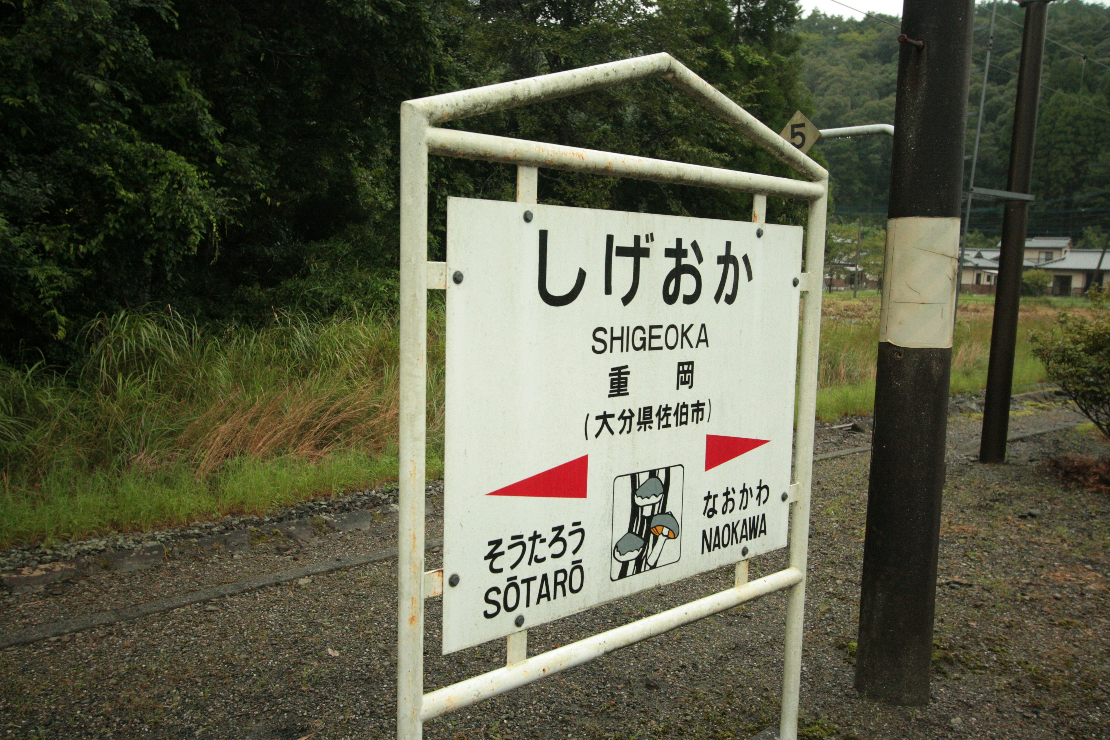 しげおか駅の標識があり周囲に緑の風景が広がっている