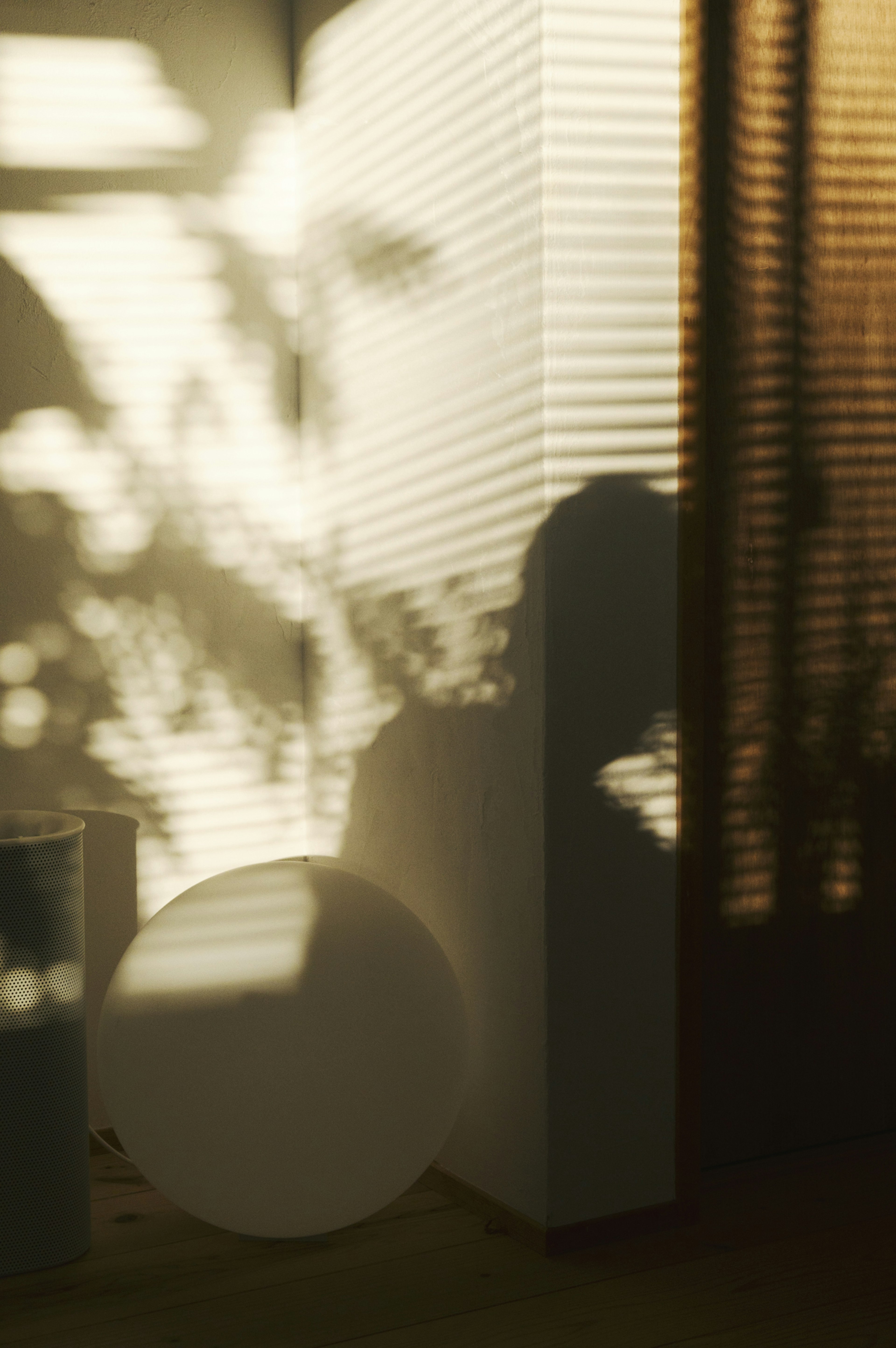 A beautiful indoor scene with contrasting shadows and light featuring a white sphere and rectangular object