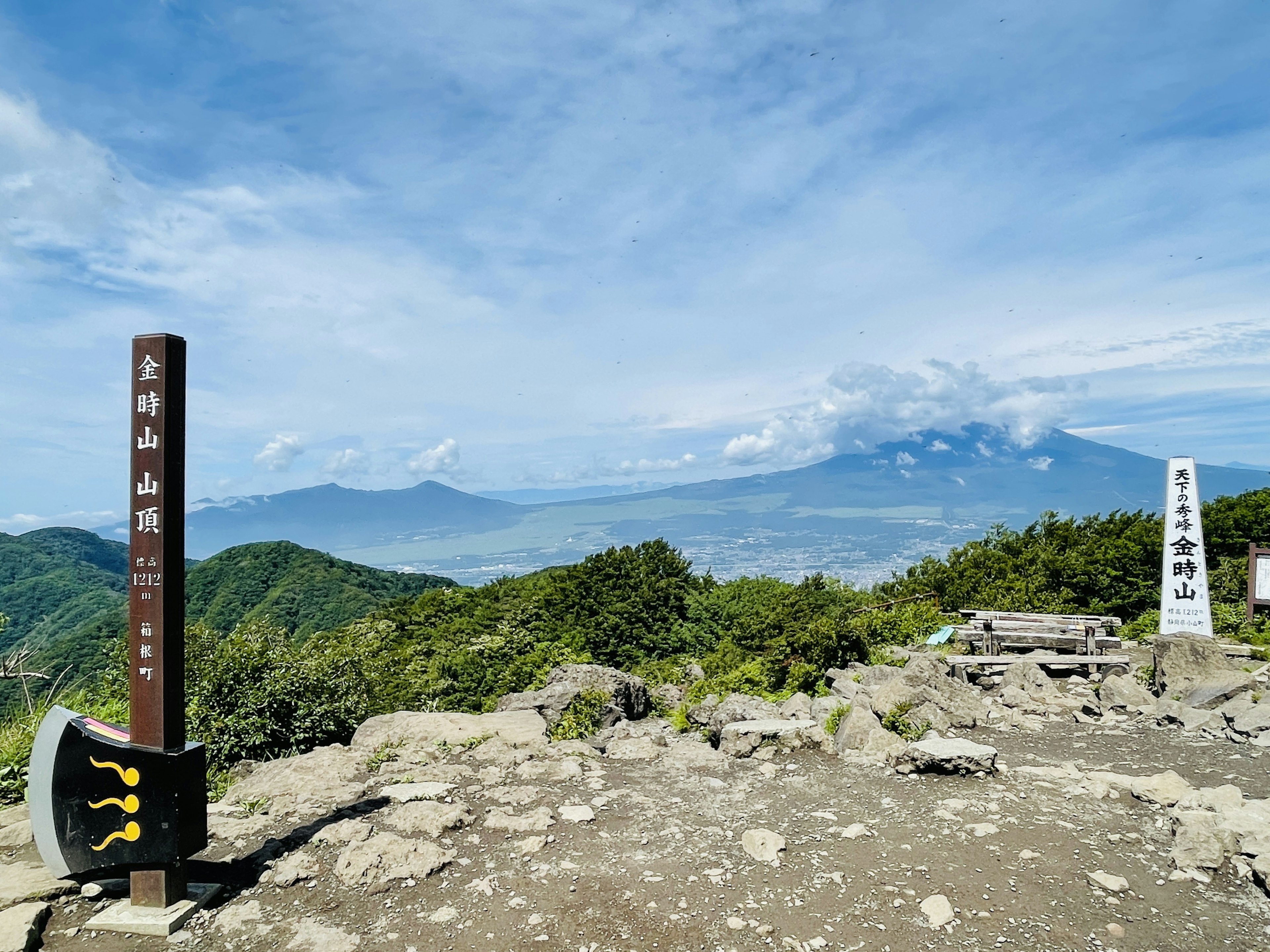 Pemandangan indah dari puncak gunung dengan papan tanda