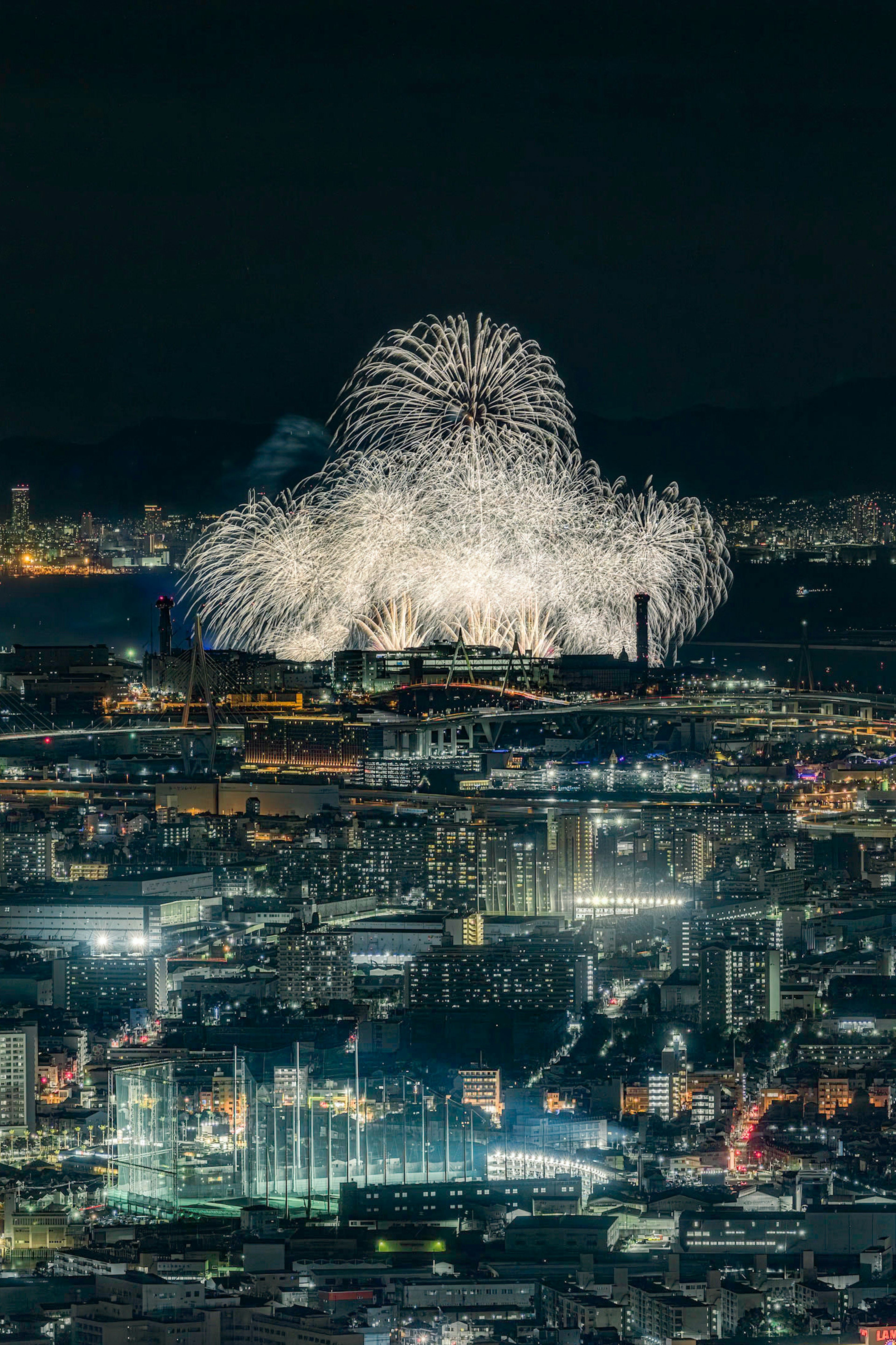 Spettacolare spettacolo di fuochi d'artificio che illumina il cielo notturno sopra una città