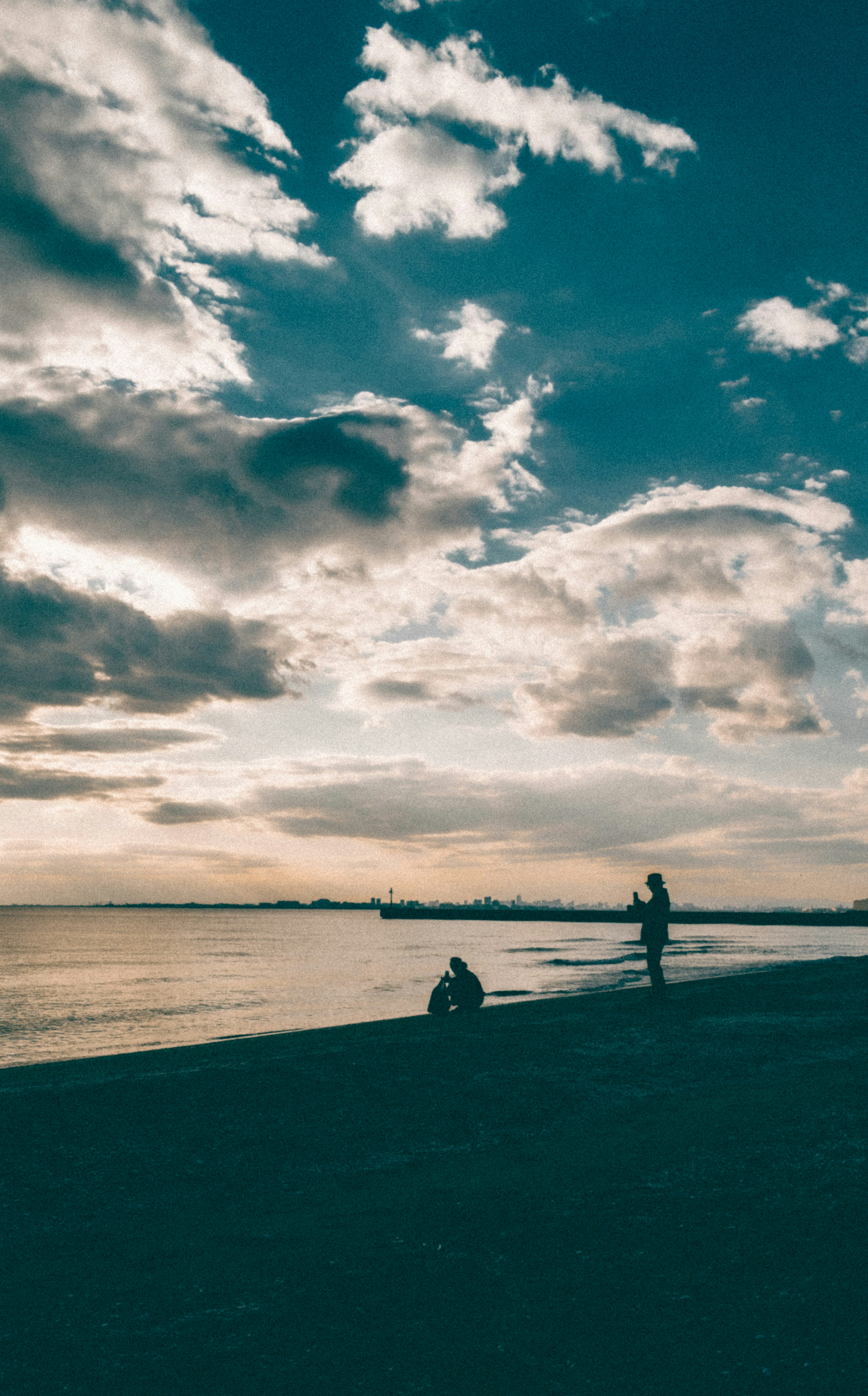 Figure in controluce sulla spiaggia al crepuscolo con cielo nuvoloso