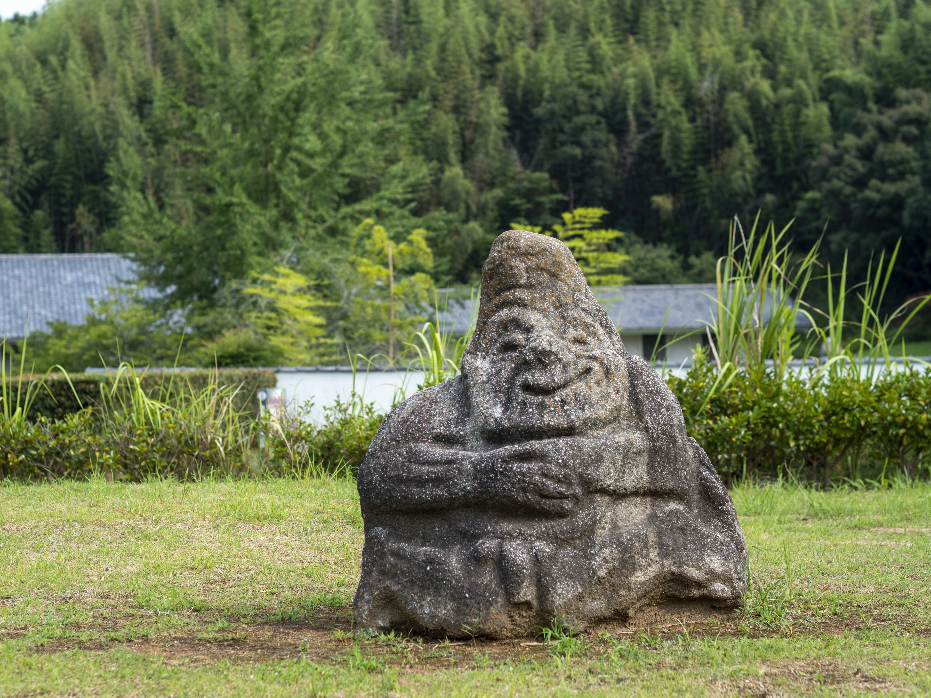 自然の中にあるユニークな石の彫刻 笑顔の顔を持つ