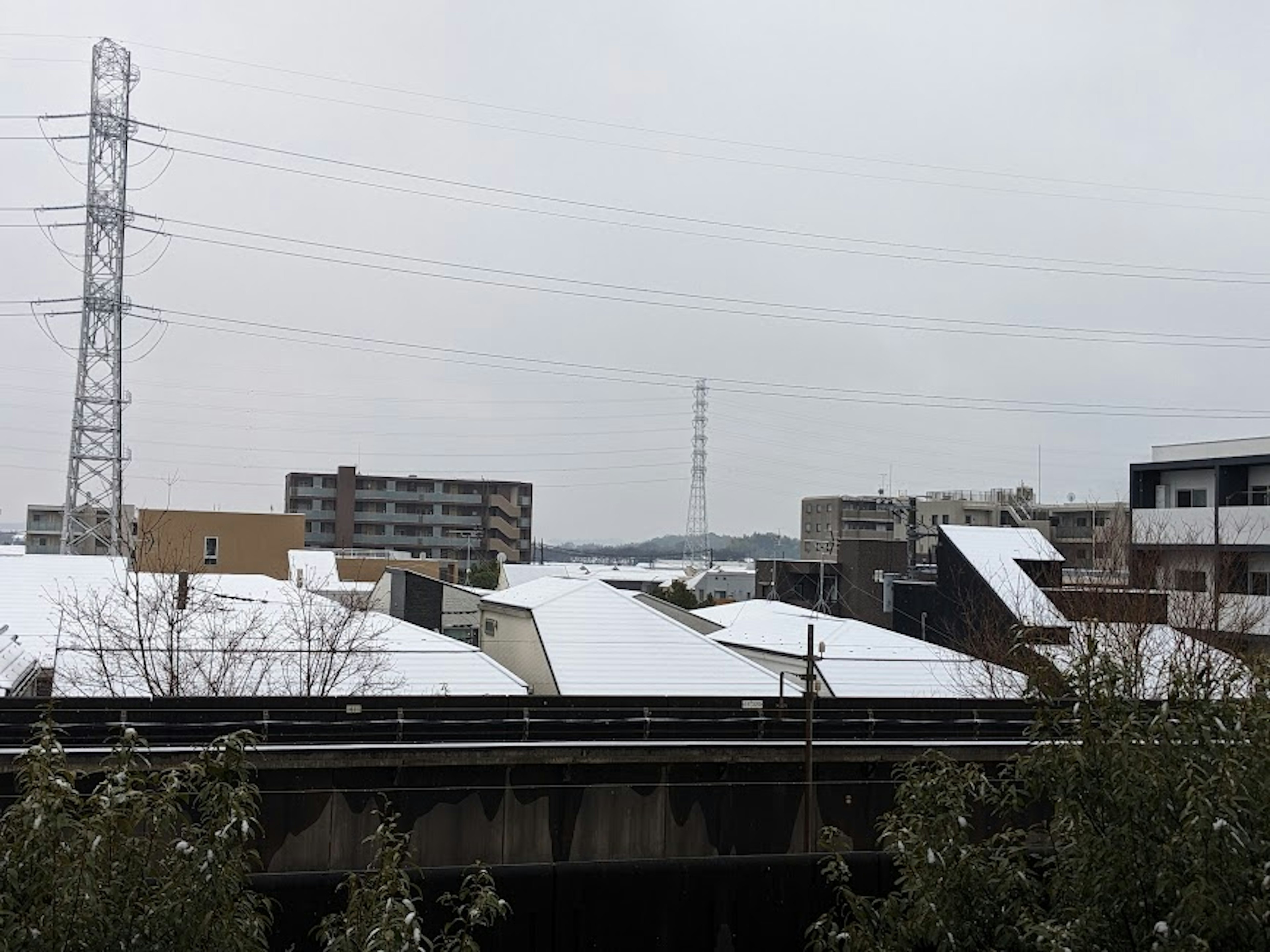 Techos cubiertos de nieve y paisaje urbano con líneas eléctricas