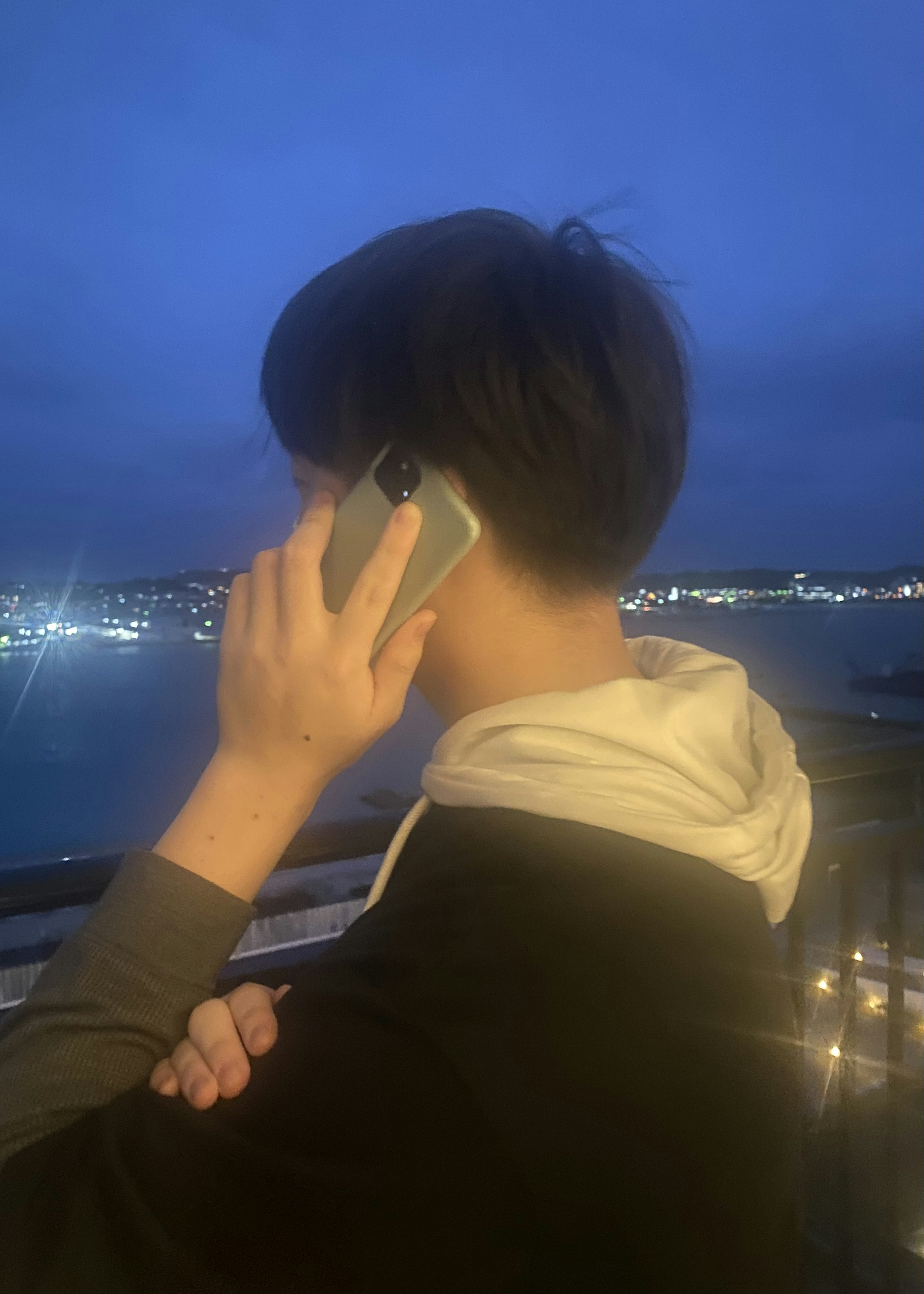 Persona che parla al telefono con skyline notturno