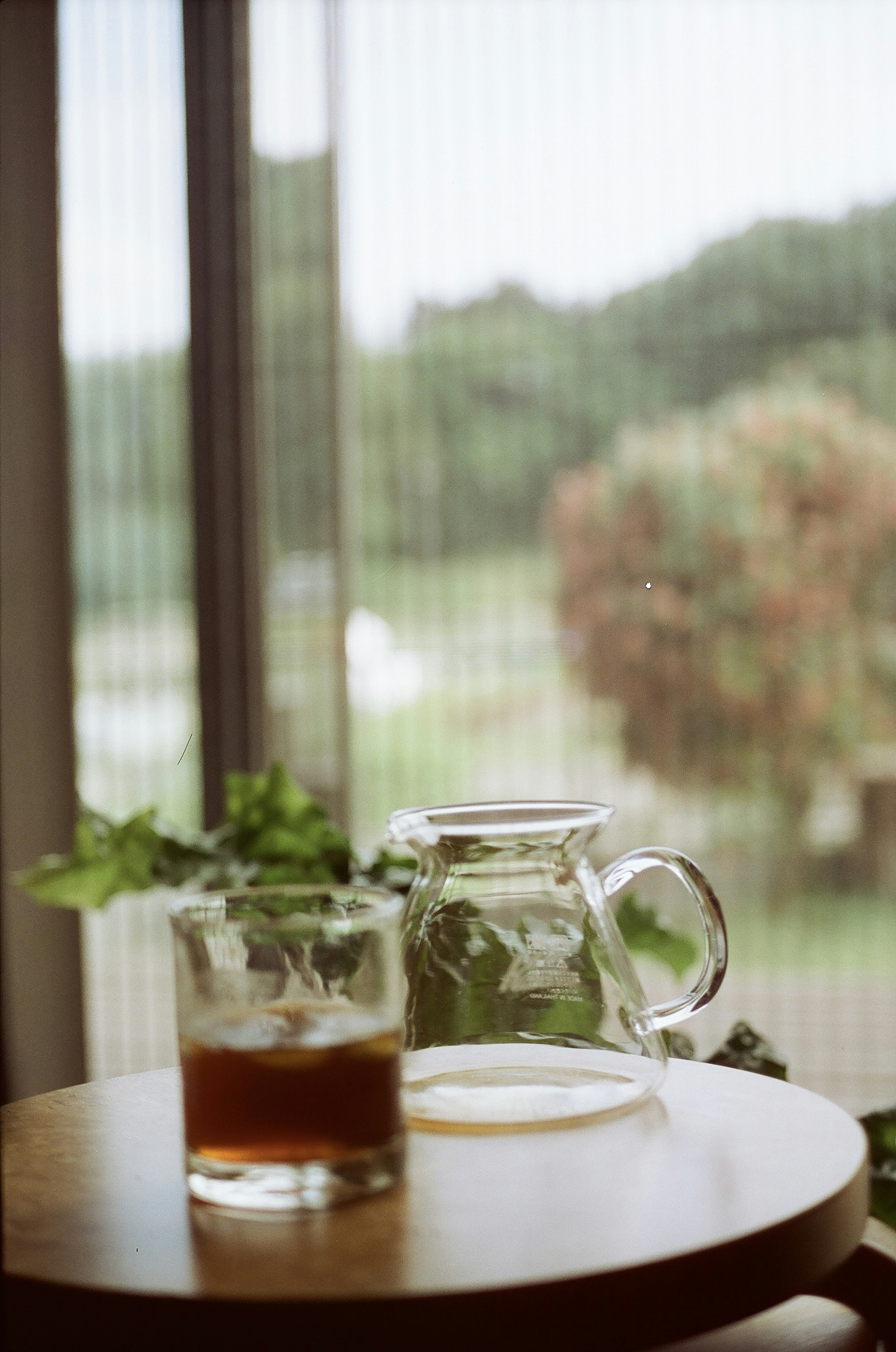 A glass of iced tea with mint leaves is placed on a table next to a transparent pitcher