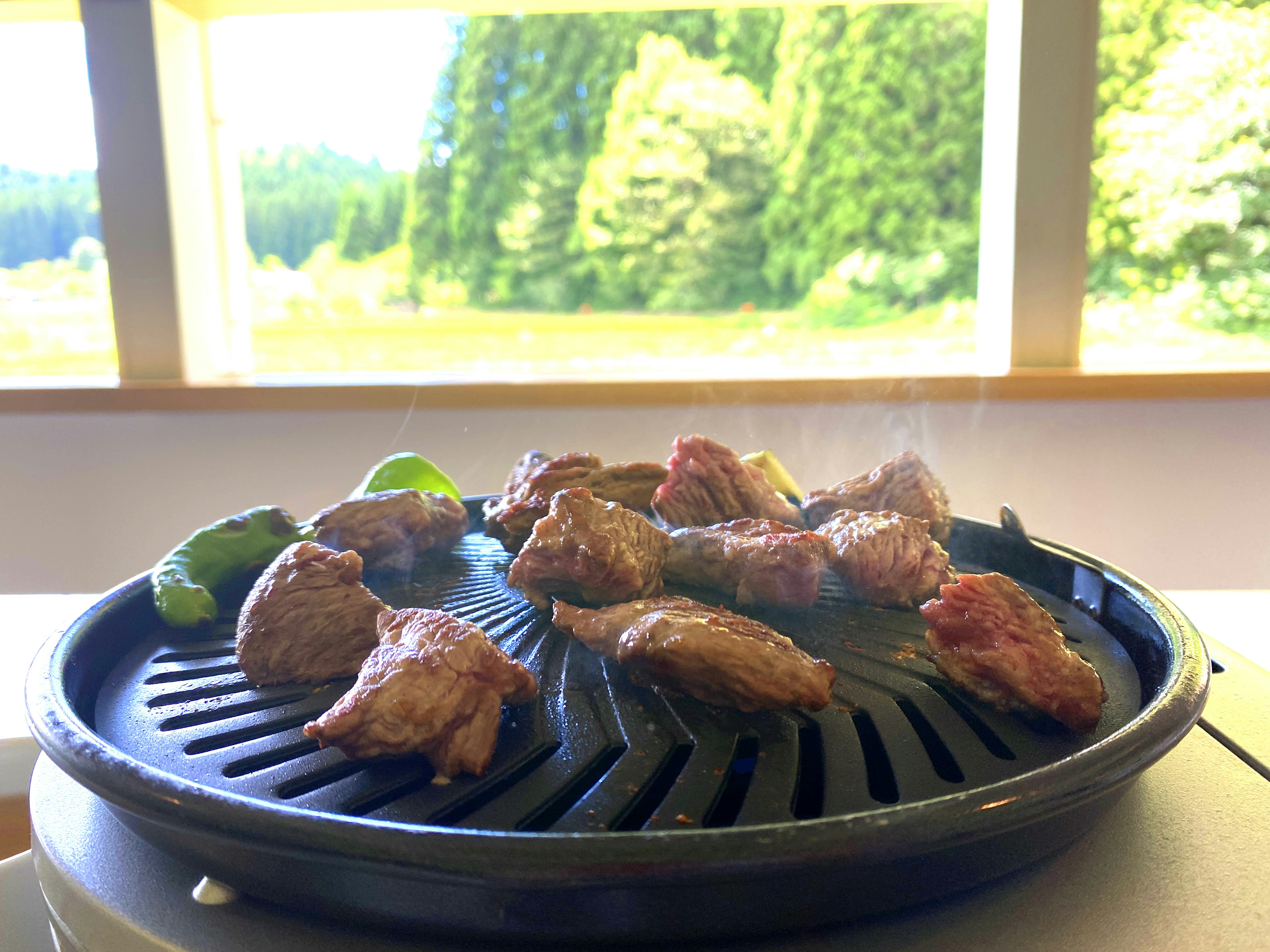 Grilled meat with lime slices on a grill and a green landscape in the background