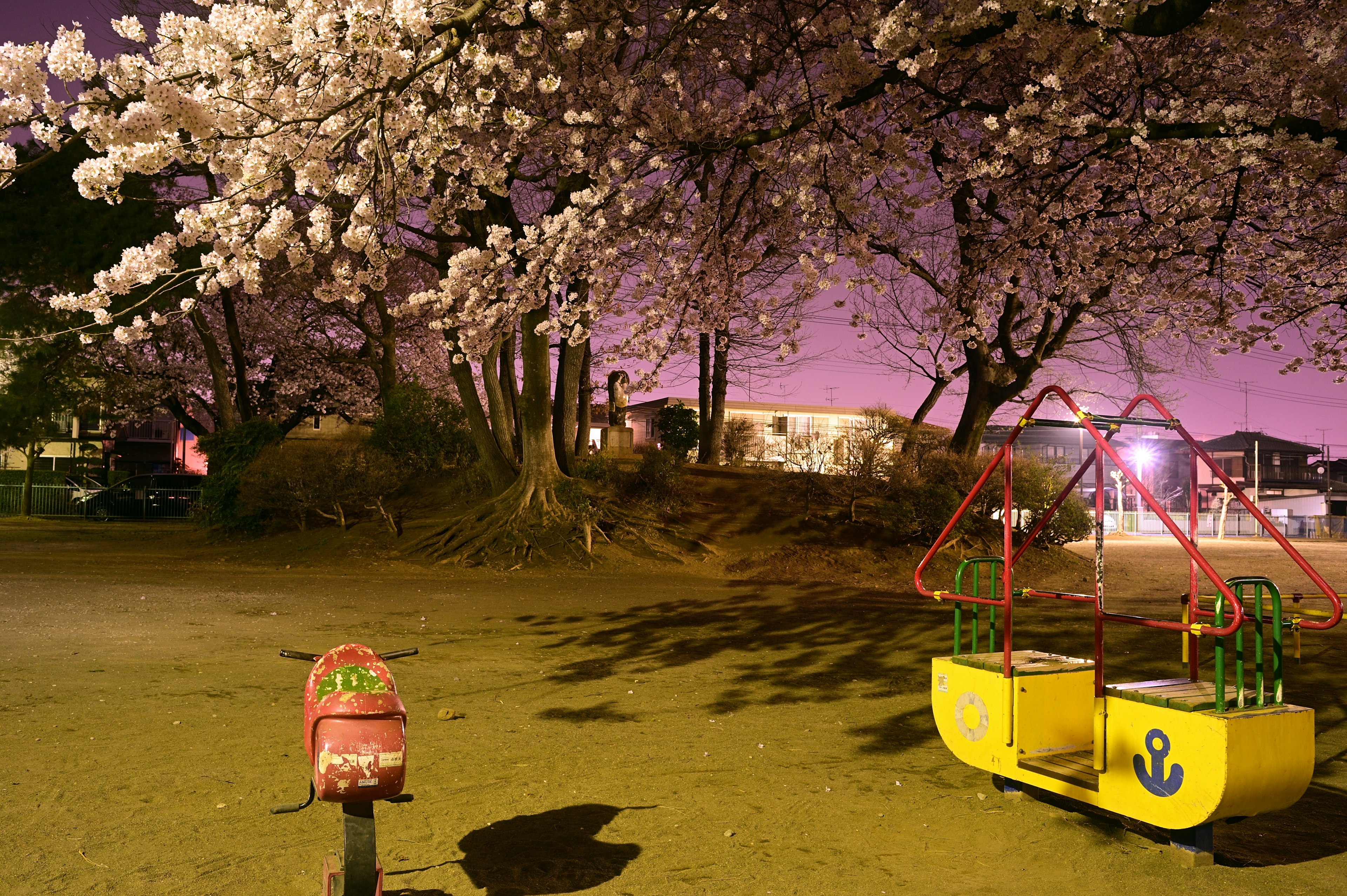 夜桜の下にある遊具と赤い自転車のシルエット