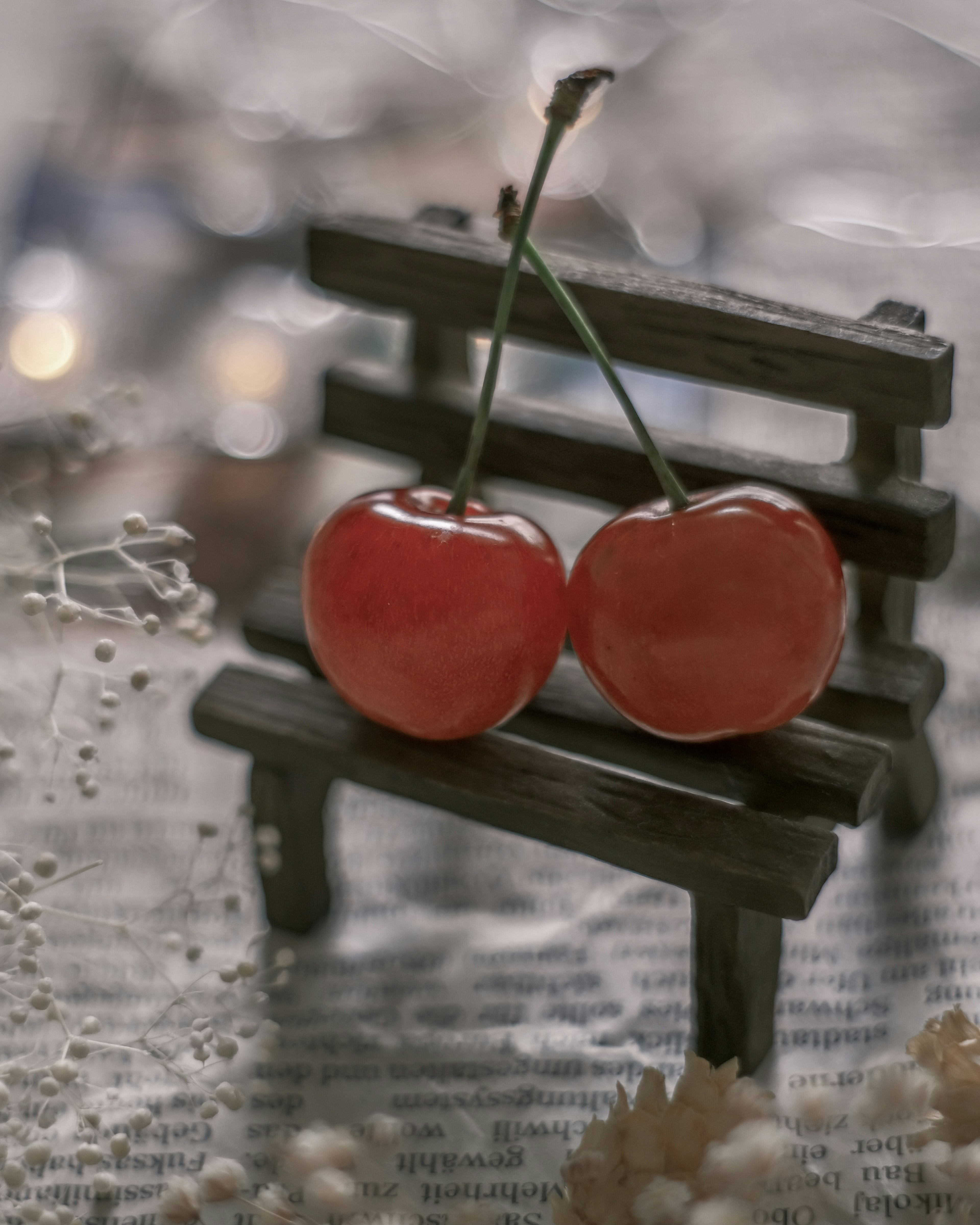 Two red cherries sitting on a small bench