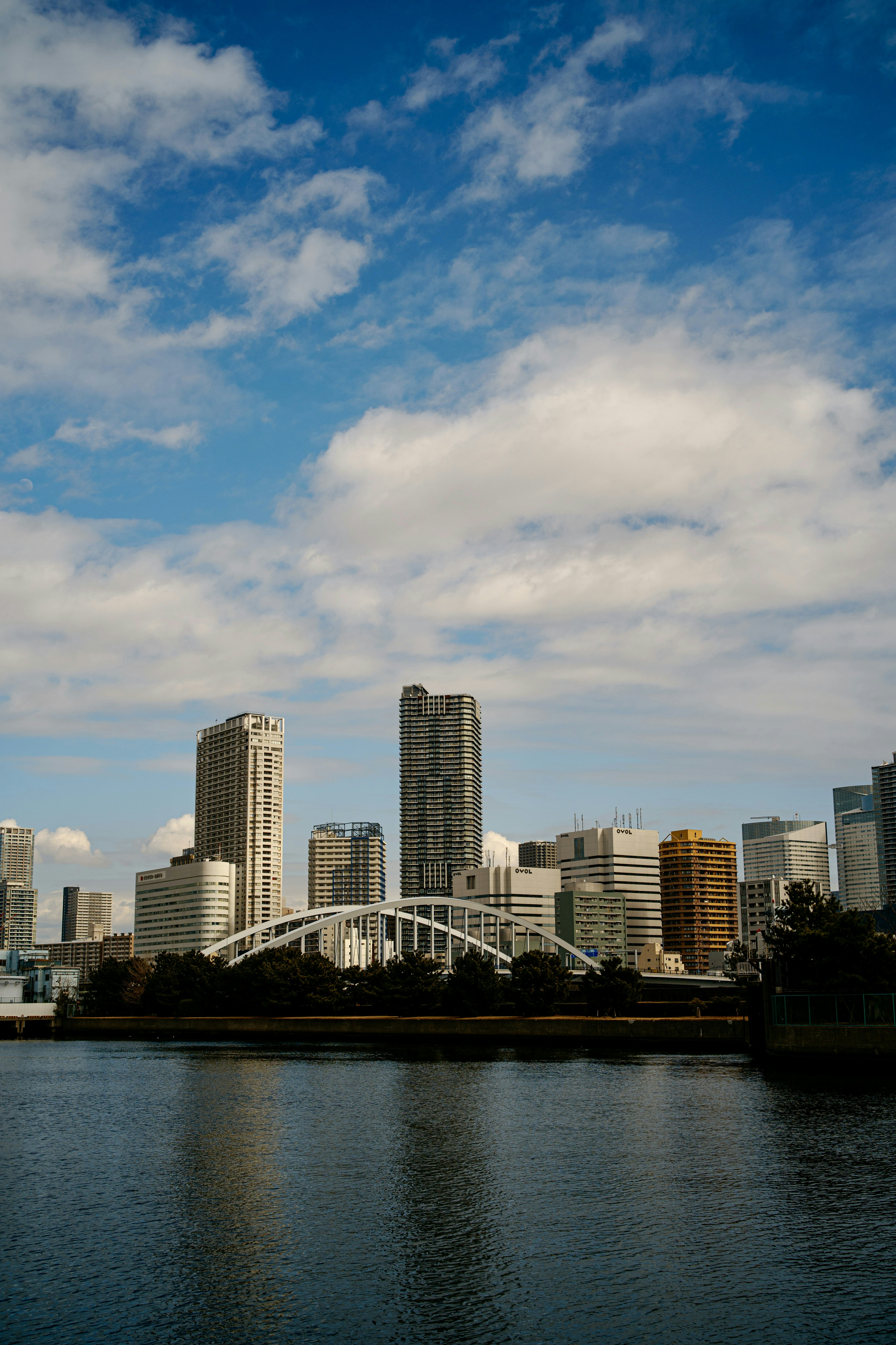 Skyline di una città con grattacieli sotto un cielo blu e nuvole che si riflettono nell'acqua