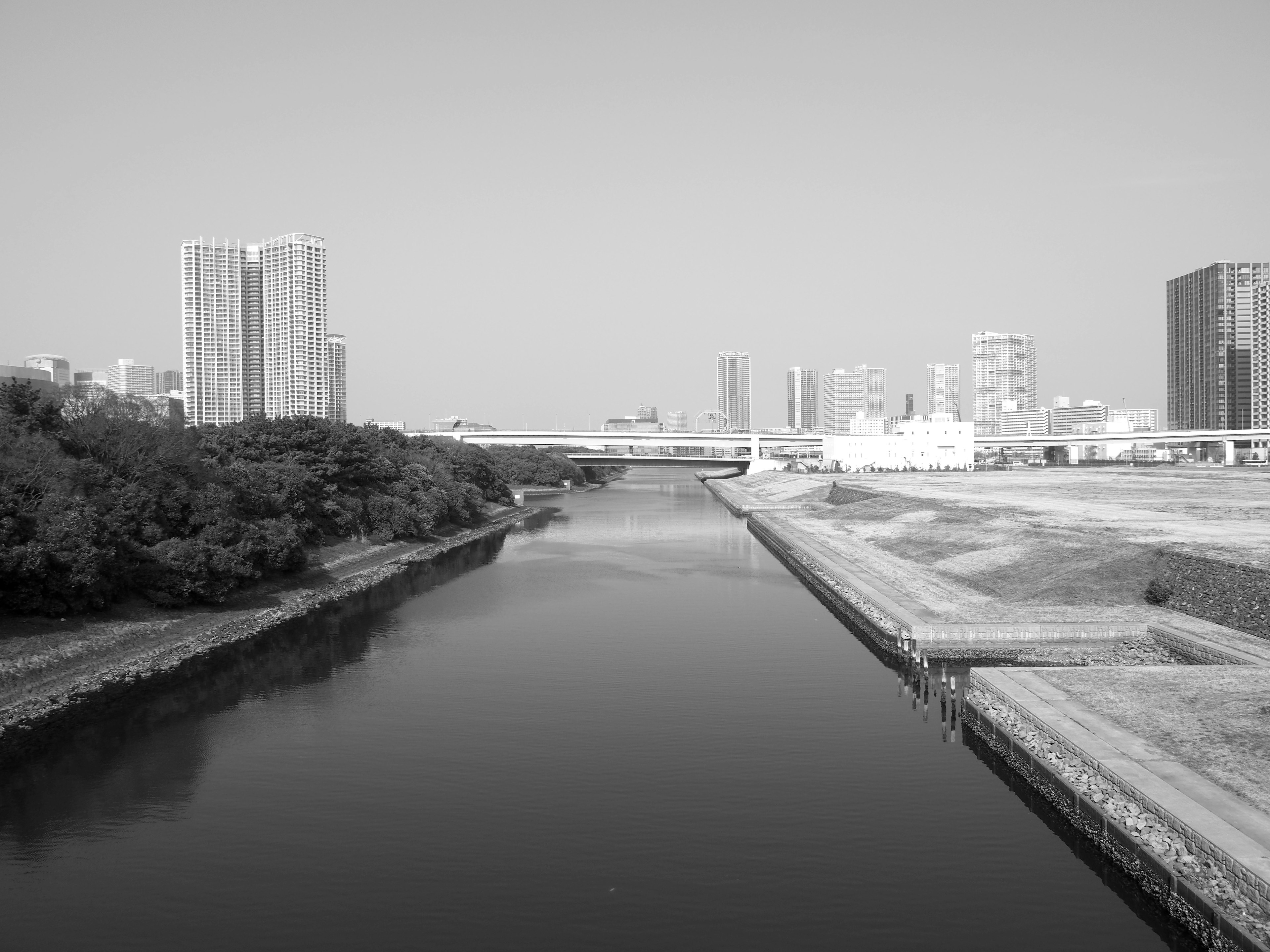 Paisaje urbano en blanco y negro con vista al río