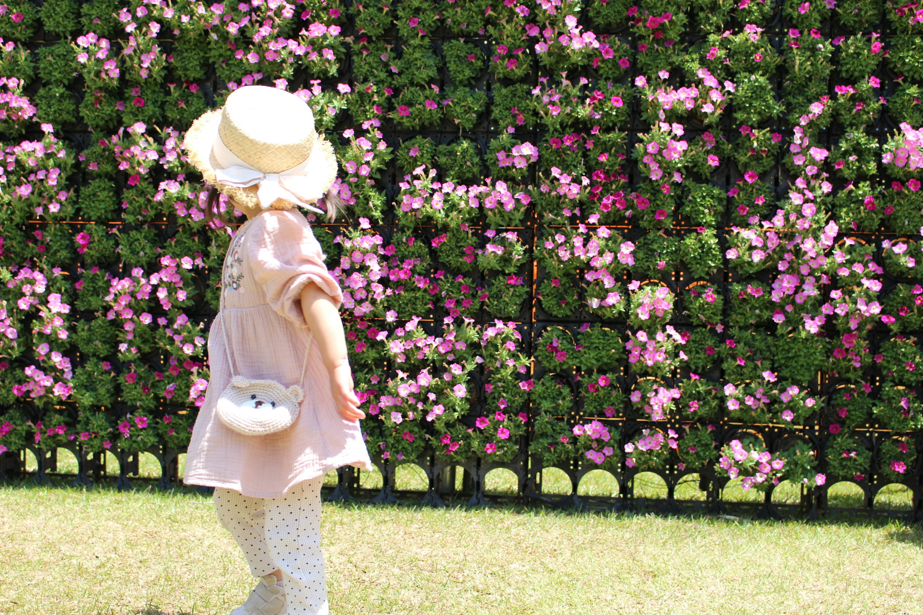 Un bambino che cammina davanti a un muro coperto di fiori rosa