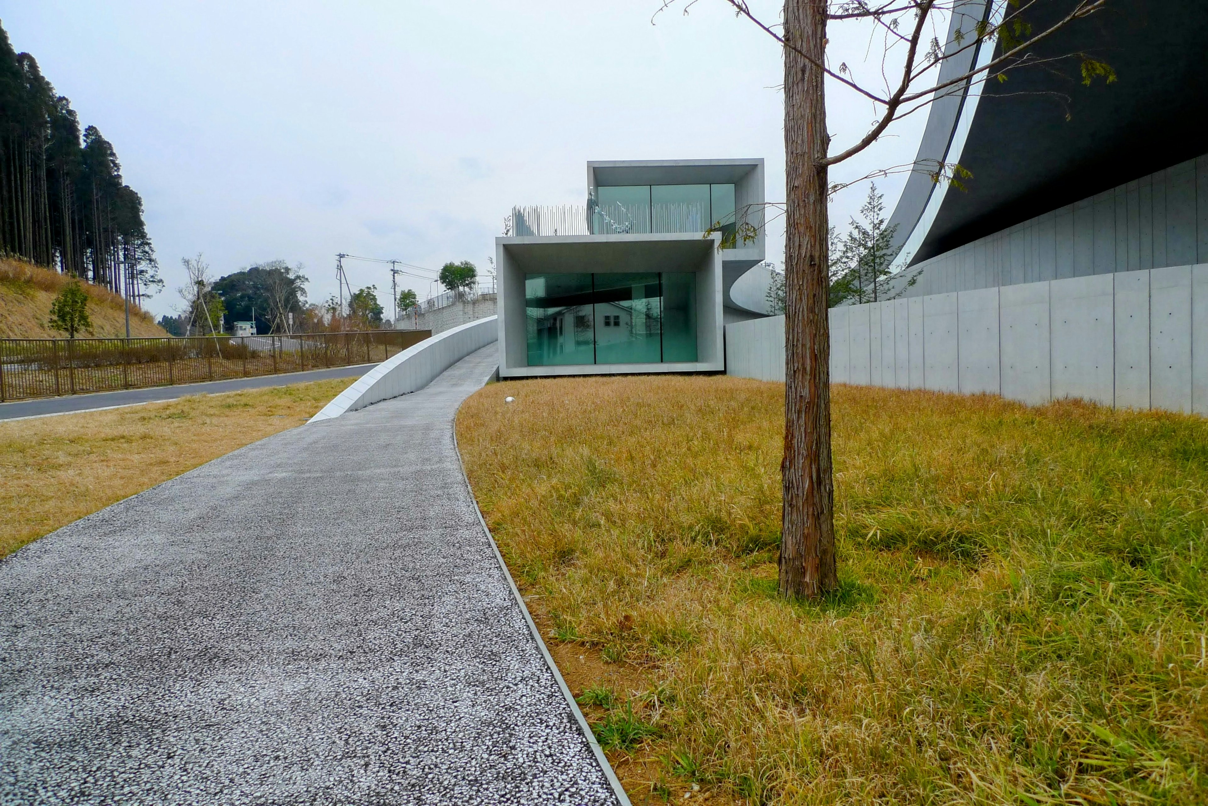 Edificio moderno con paesaggio di erba verde sentiero che porta alla struttura