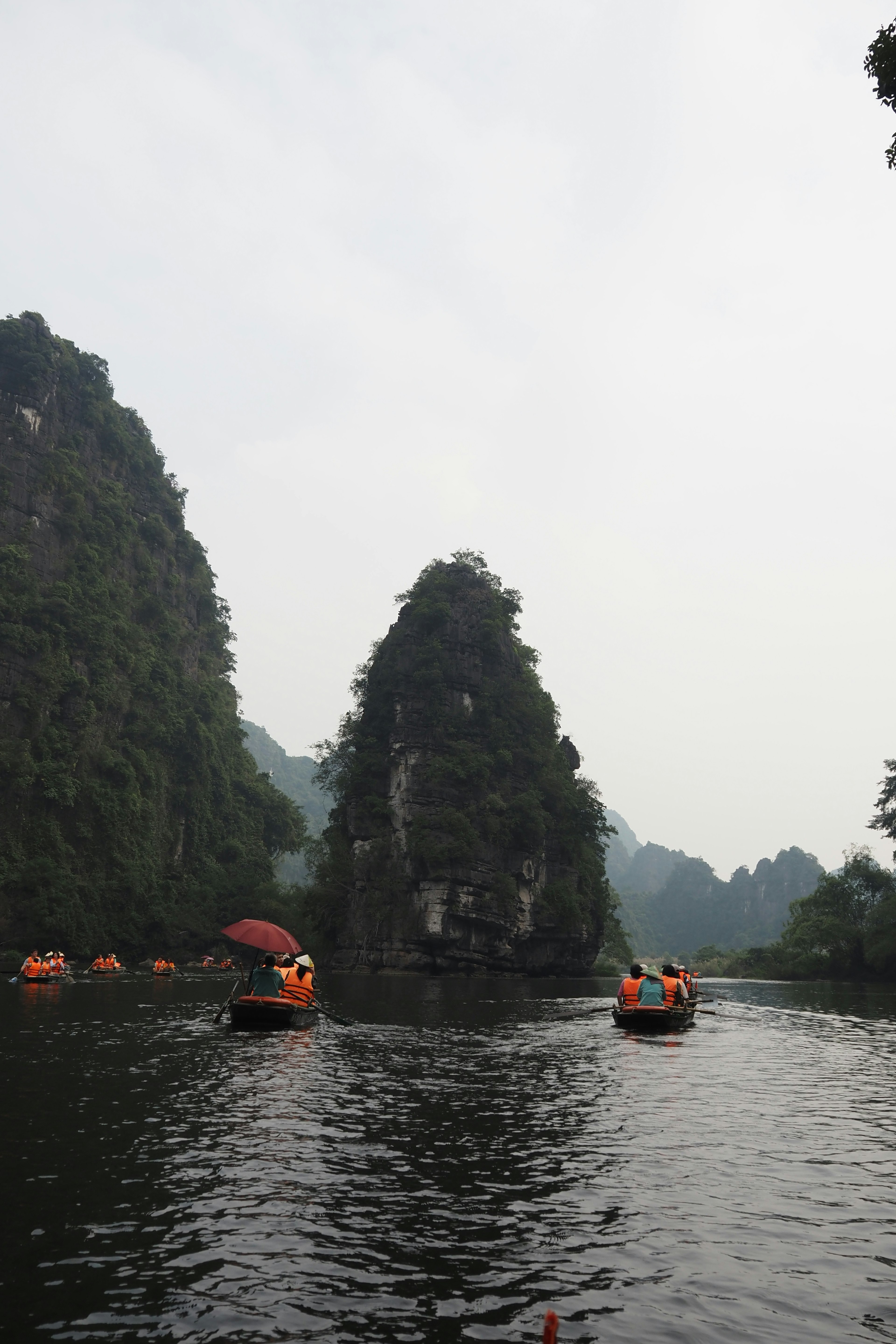 ทิวทัศน์ของภูเขาสีเขียวและเรือในหมอก