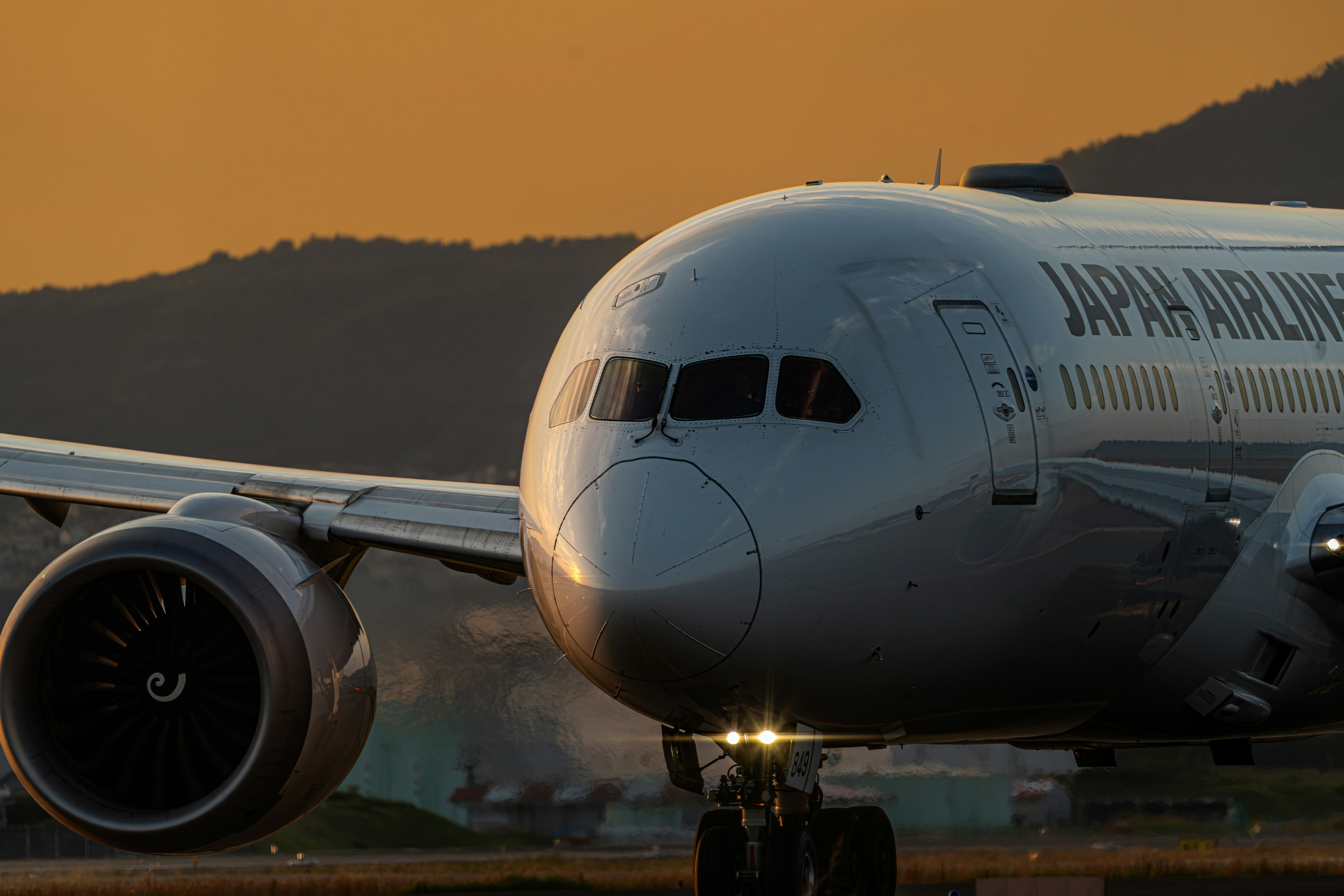 夕日を背景にした日本航空のボーイング787の前景