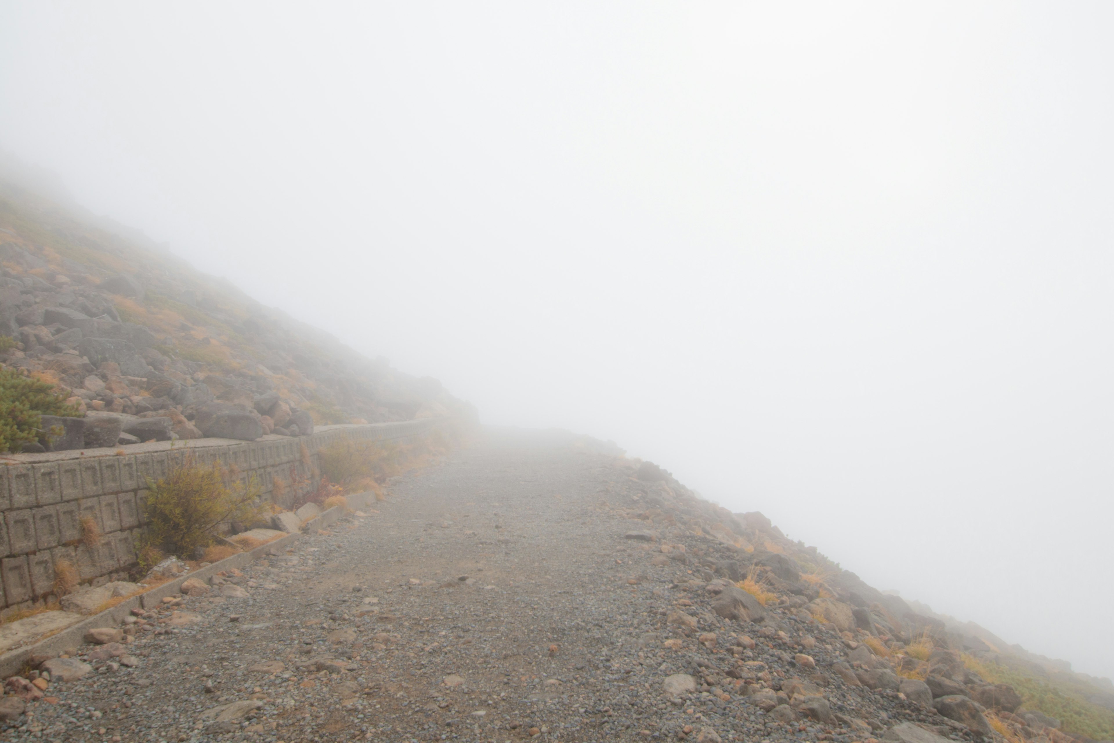 Sendero montañoso en la niebla con terreno rocoso