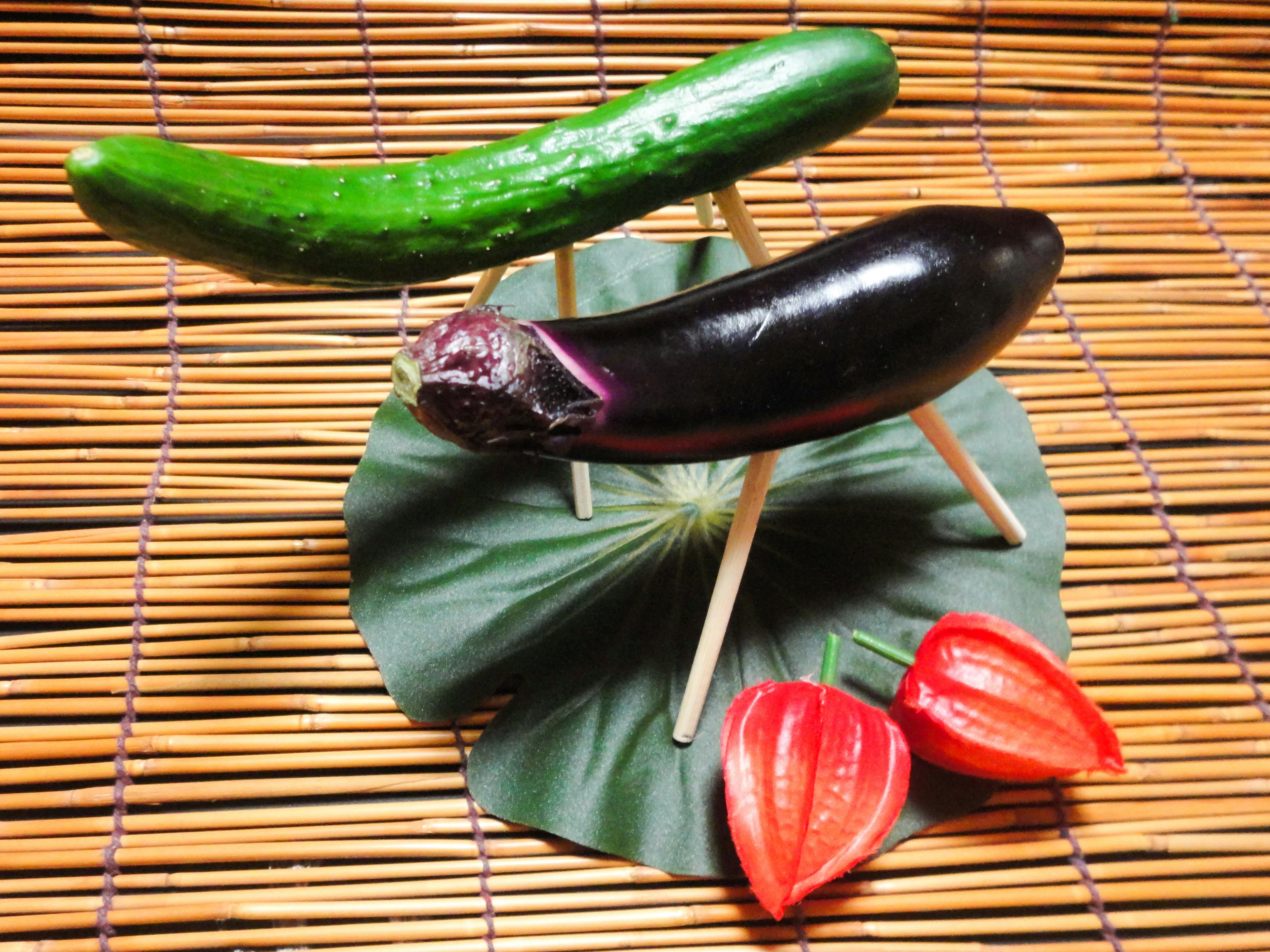 A green cucumber and a purple eggplant displayed on sticks with red physalis beside them