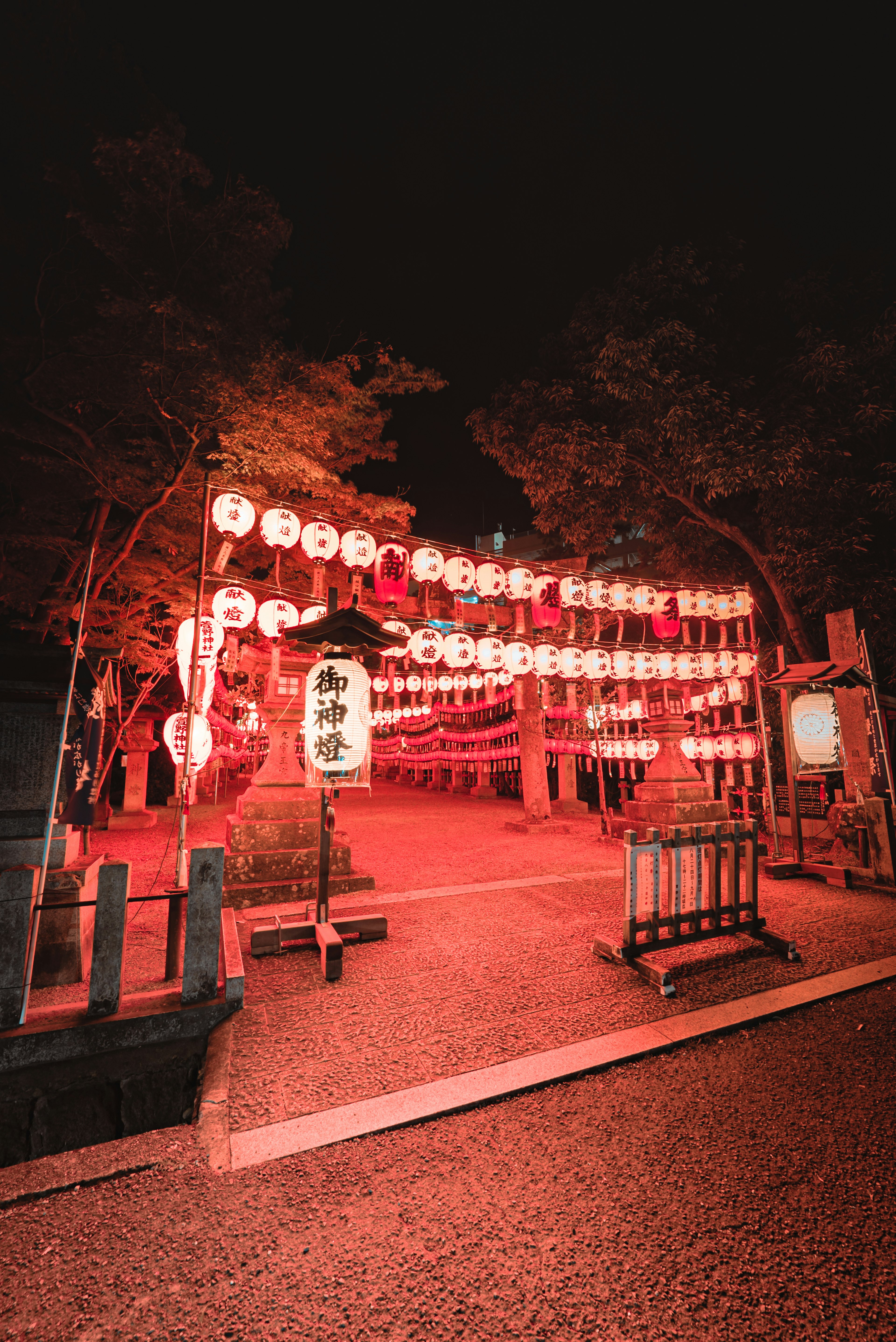 Vue nocturne d'un sanctuaire japonais illuminé par des lanternes rouges