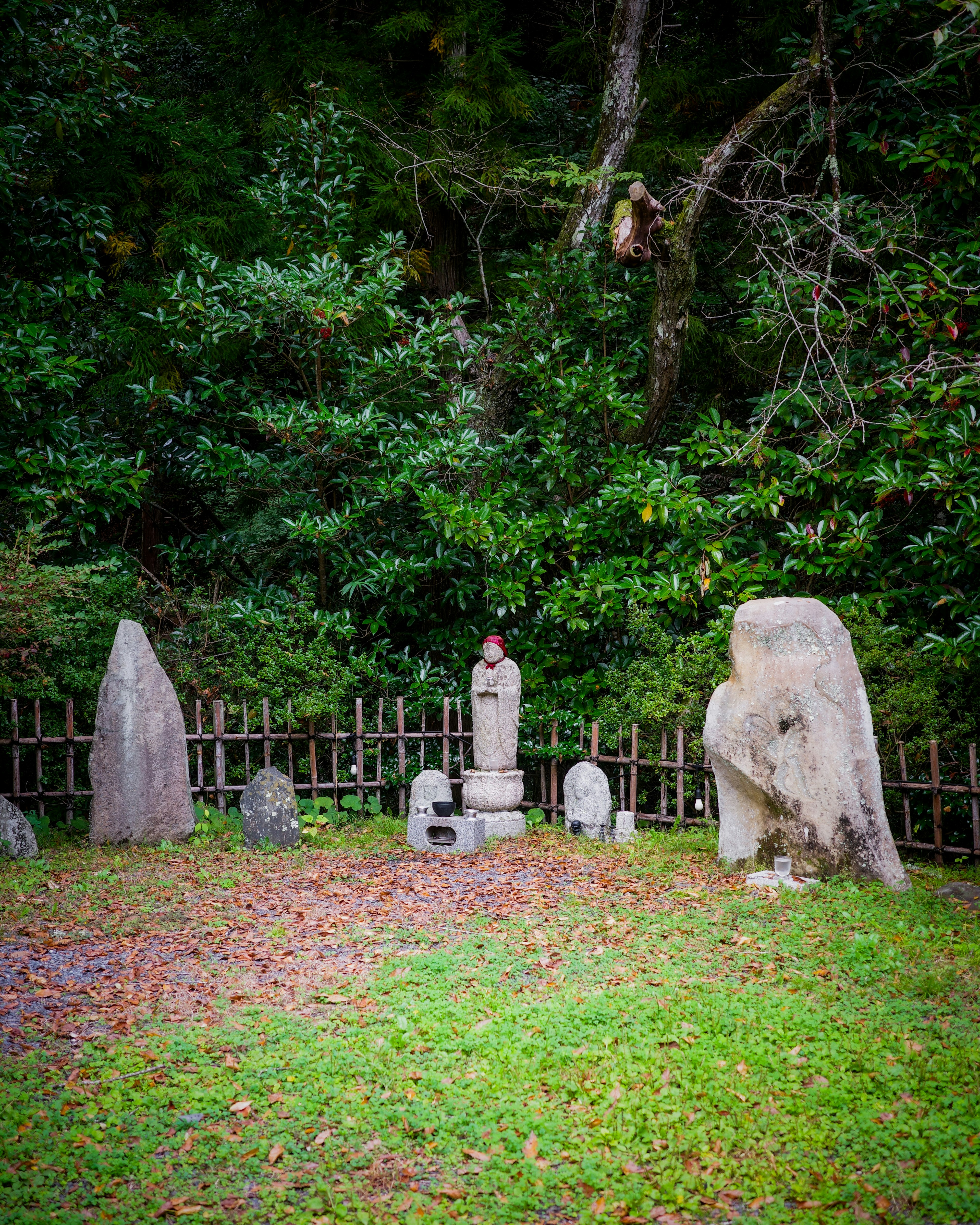 Une collection de sculptures en pierre anciennes et d'une statue dans une forêt