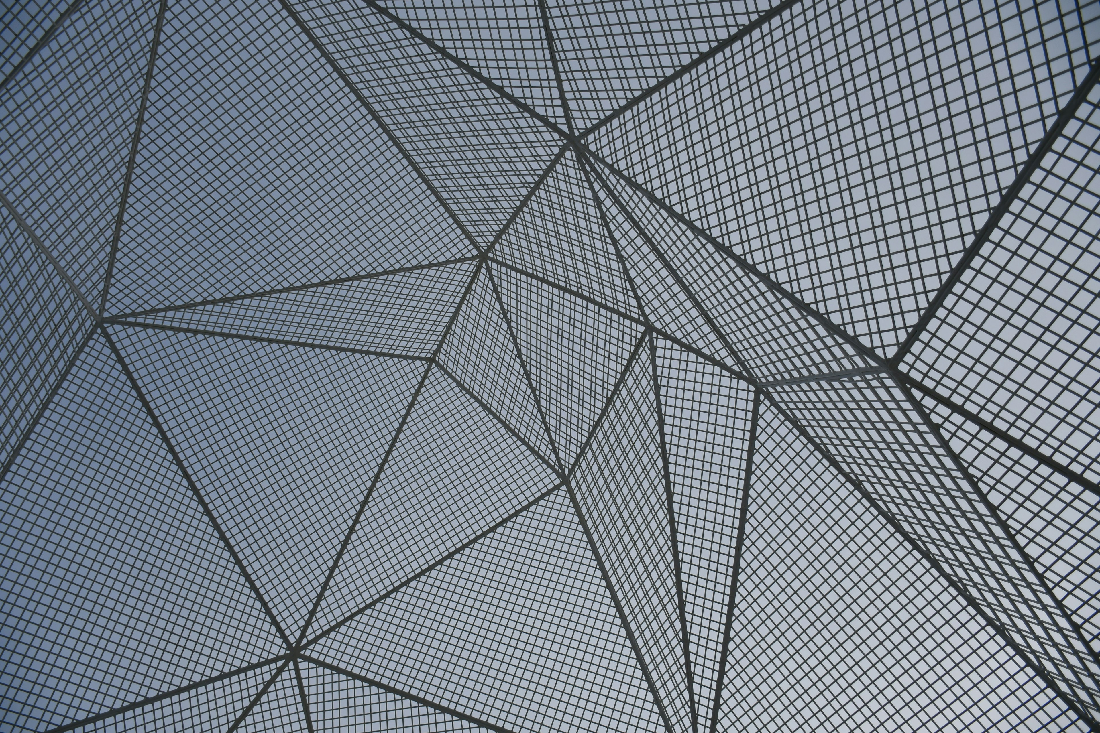 Geometric metal mesh structure forming a ceiling