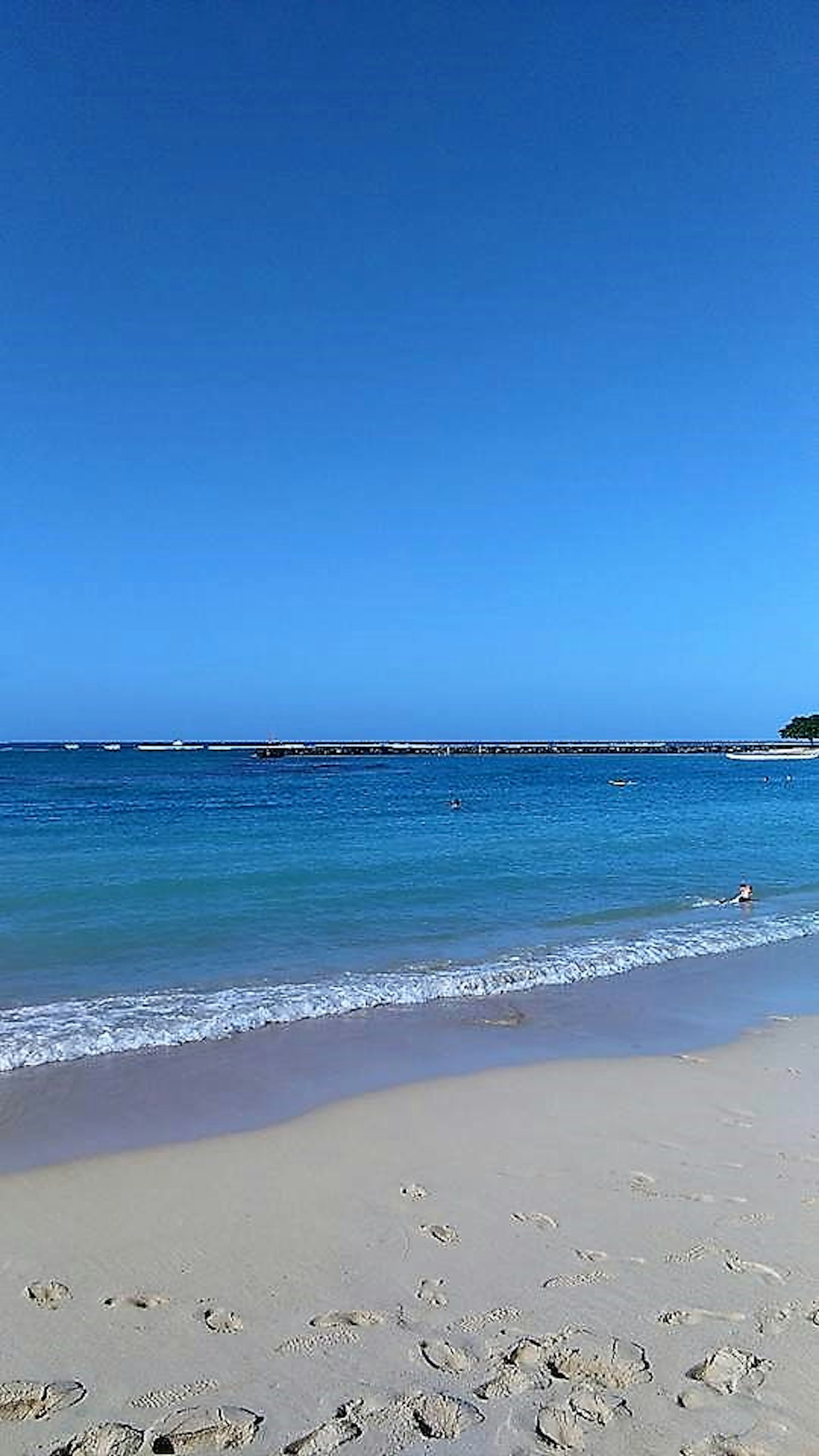 ทิวทัศน์ชายหาดที่มีท้องฟ้าสีฟ้าสดใสและมหาสมุทรที่สงบ