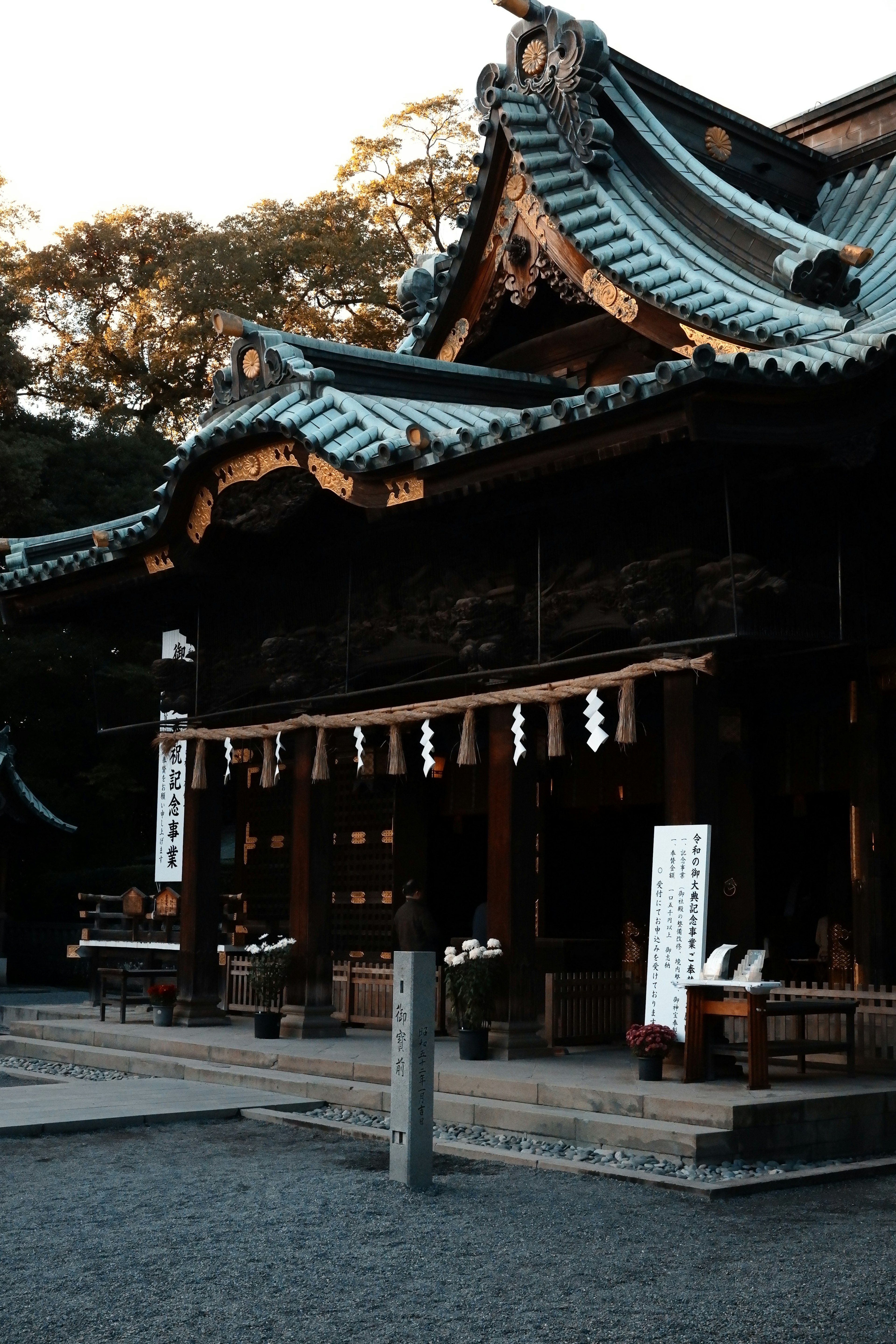 古い神社の建物が夕日で照らされている