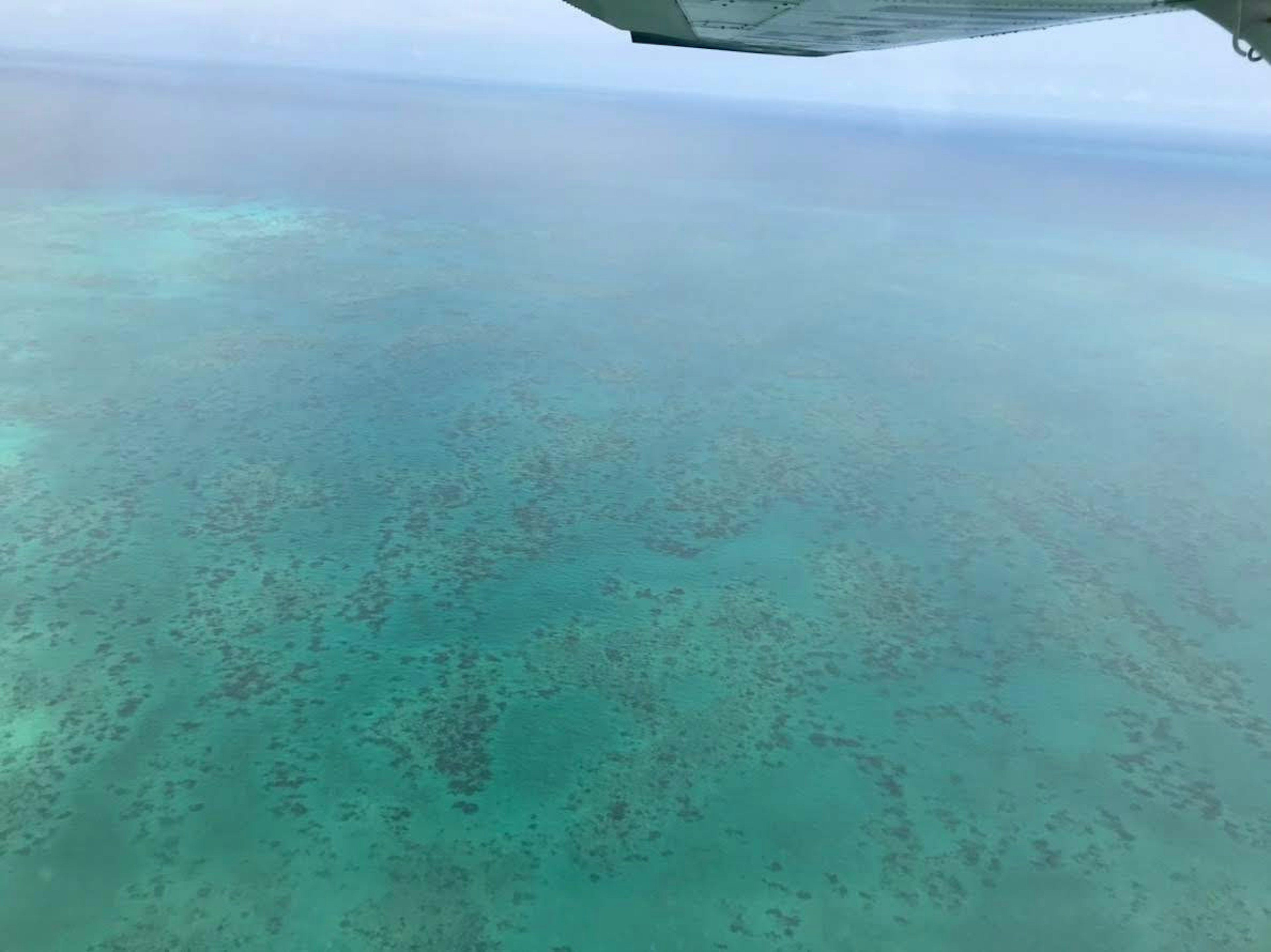 Aerial view of turquoise water and coral reef patterns