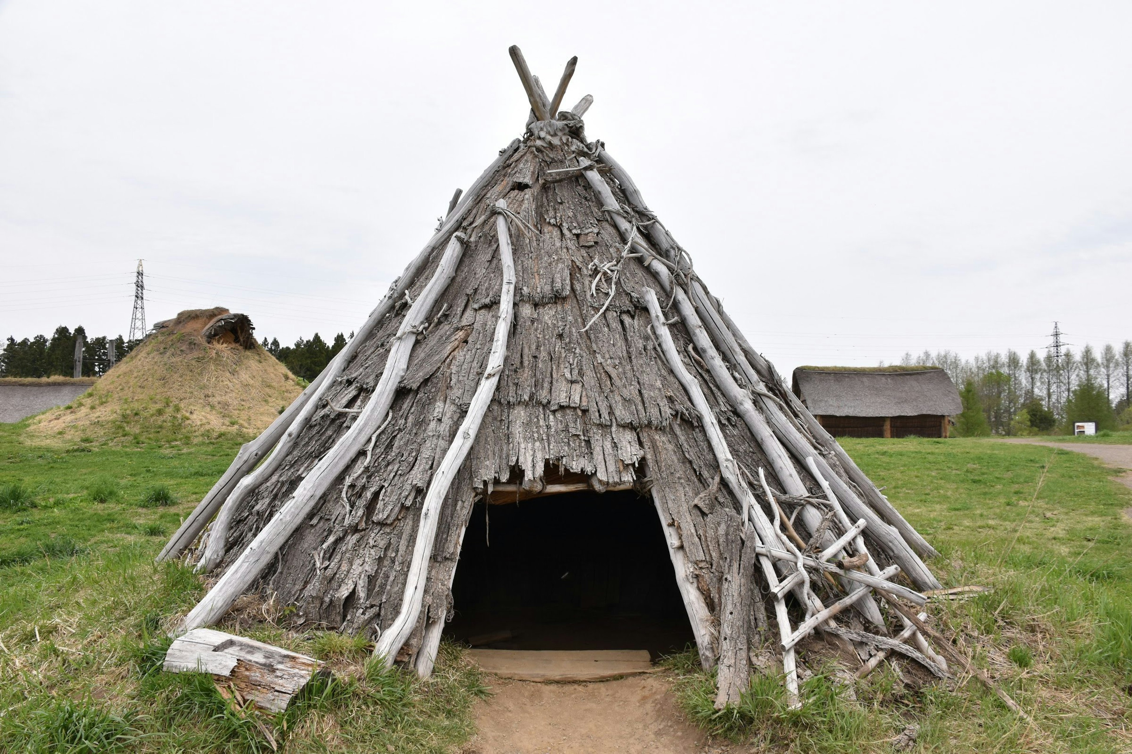 Traditional wooden hut structure with logs on grassy terrain