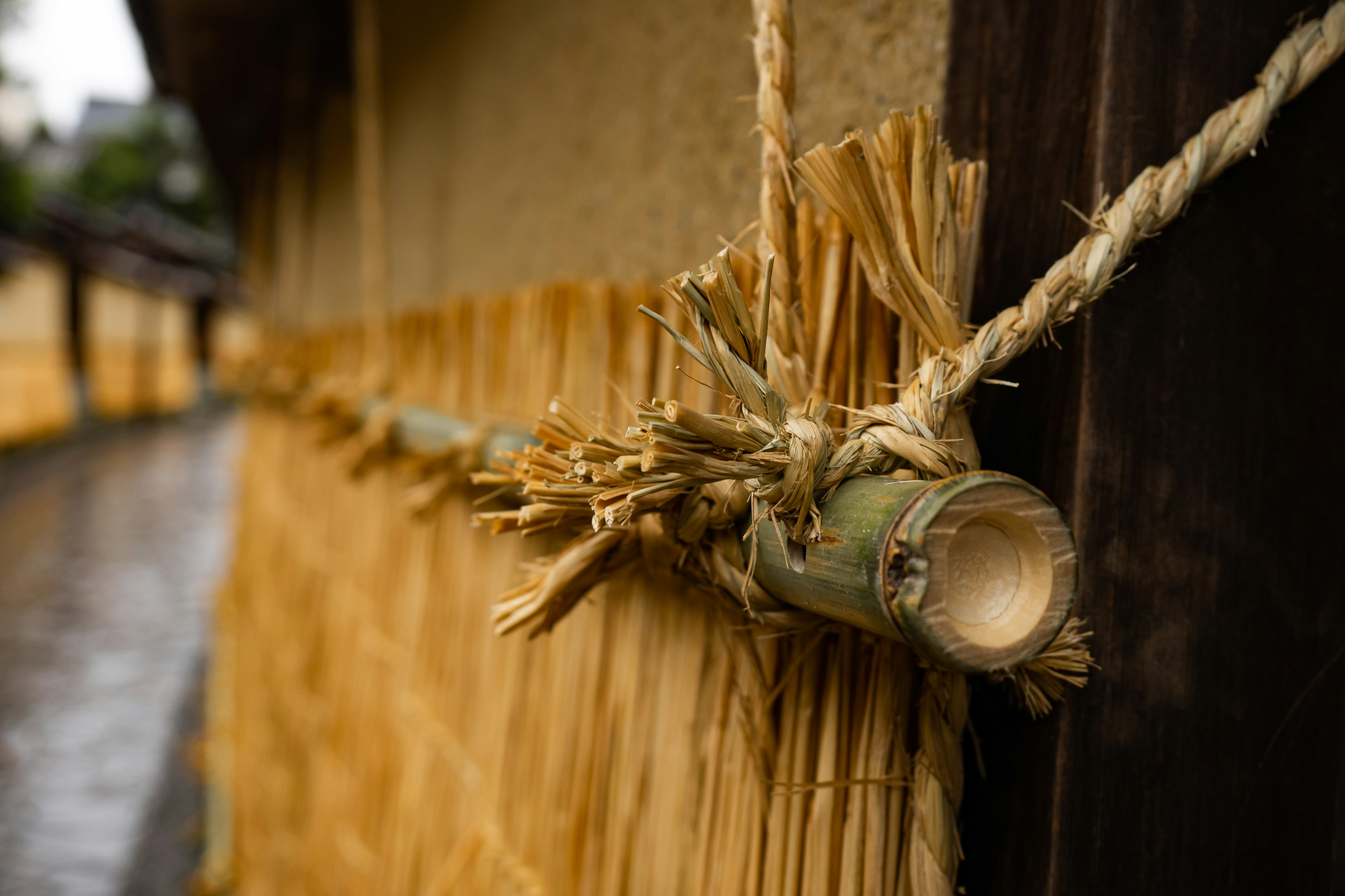 Detail von Stroh, das in einem traditionellen japanischen Gebäude mit Bambusbefestigung verwendet wird