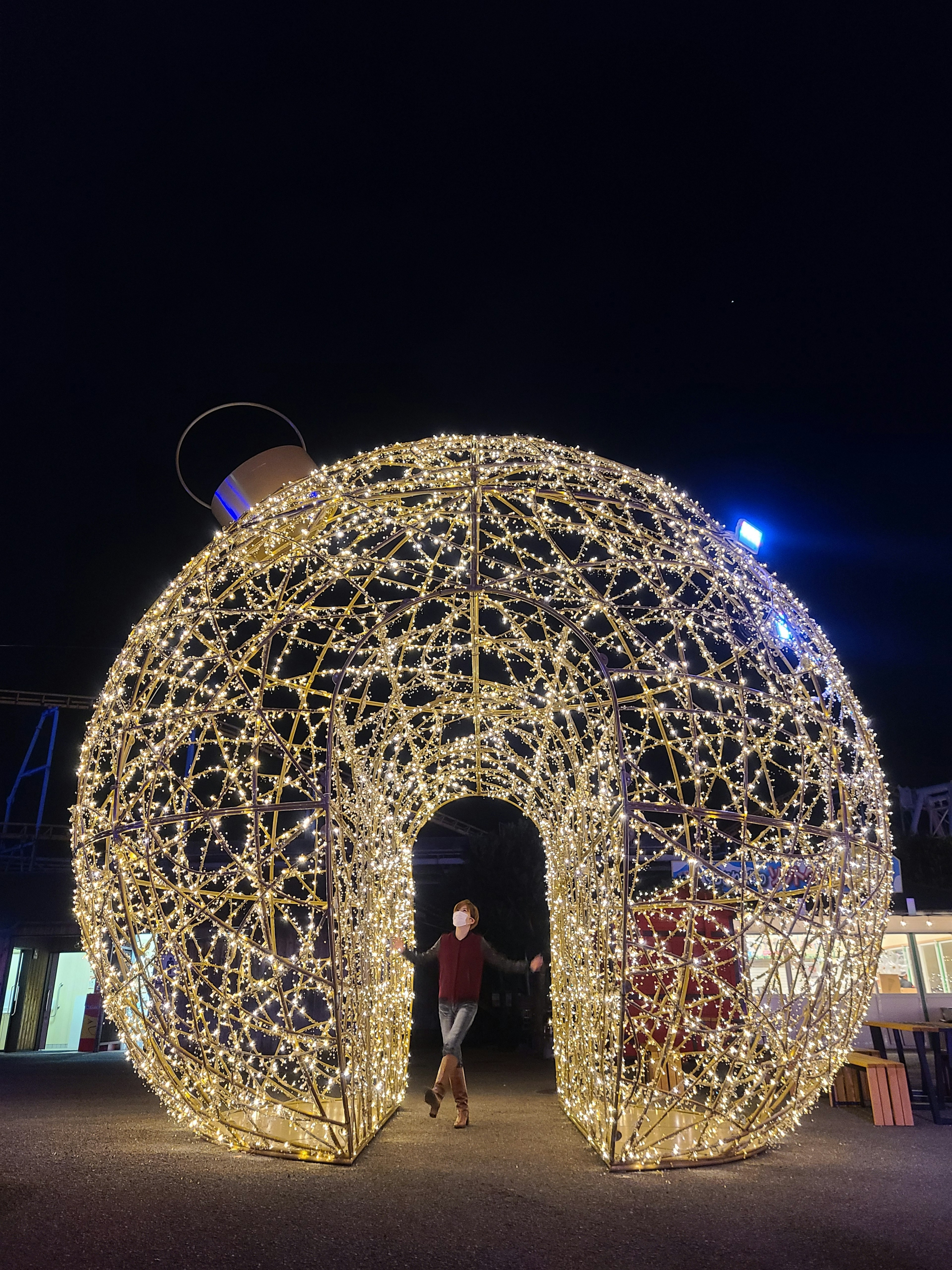 Person standing inside large illuminated structure made of woven lights at night