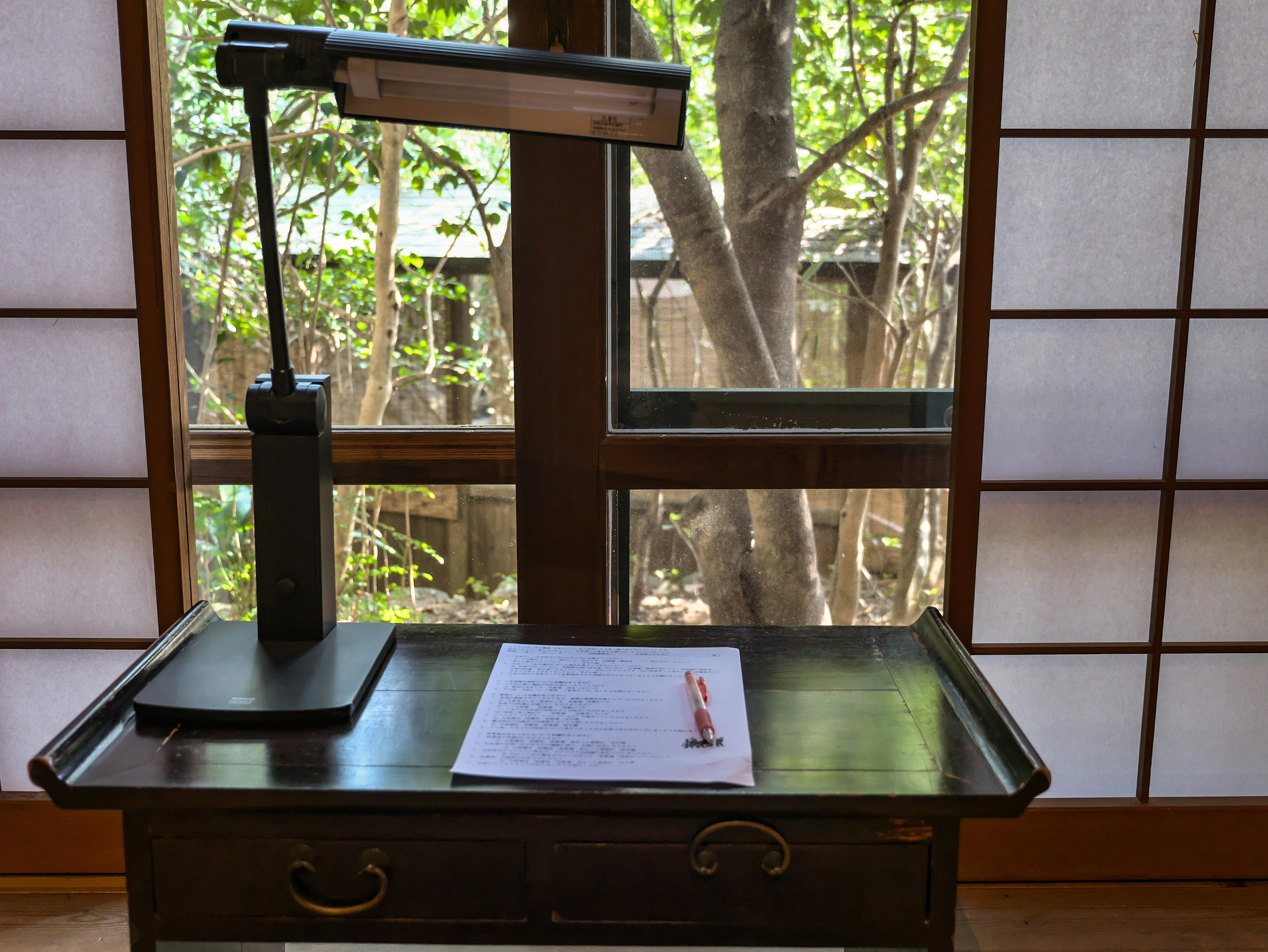 A wooden desk with a document and lamp A view of greenery through the window