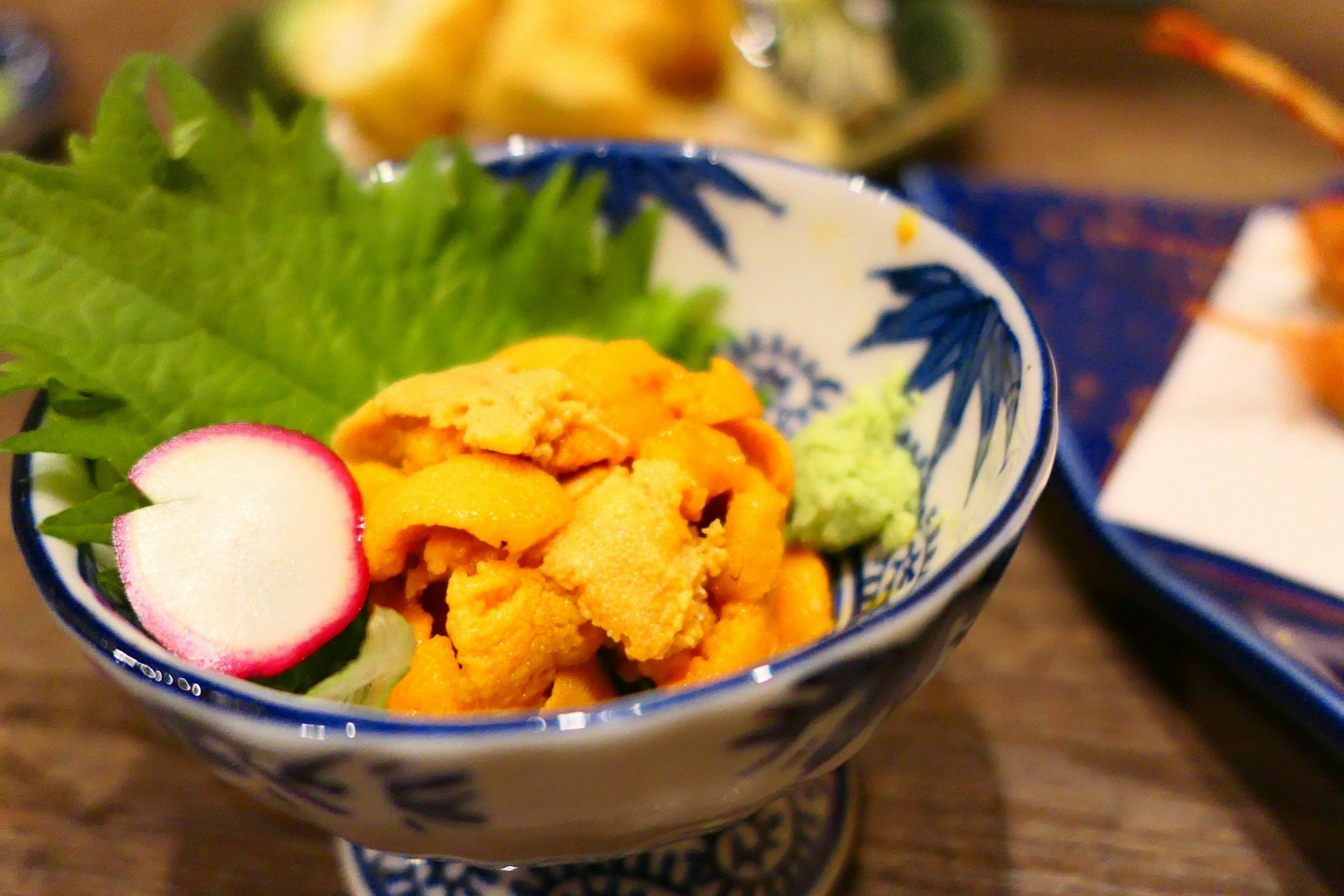 Eine schöne japanische Schüssel mit frischem Seeigel garniert mit Radieschenscheiben und Wasabi